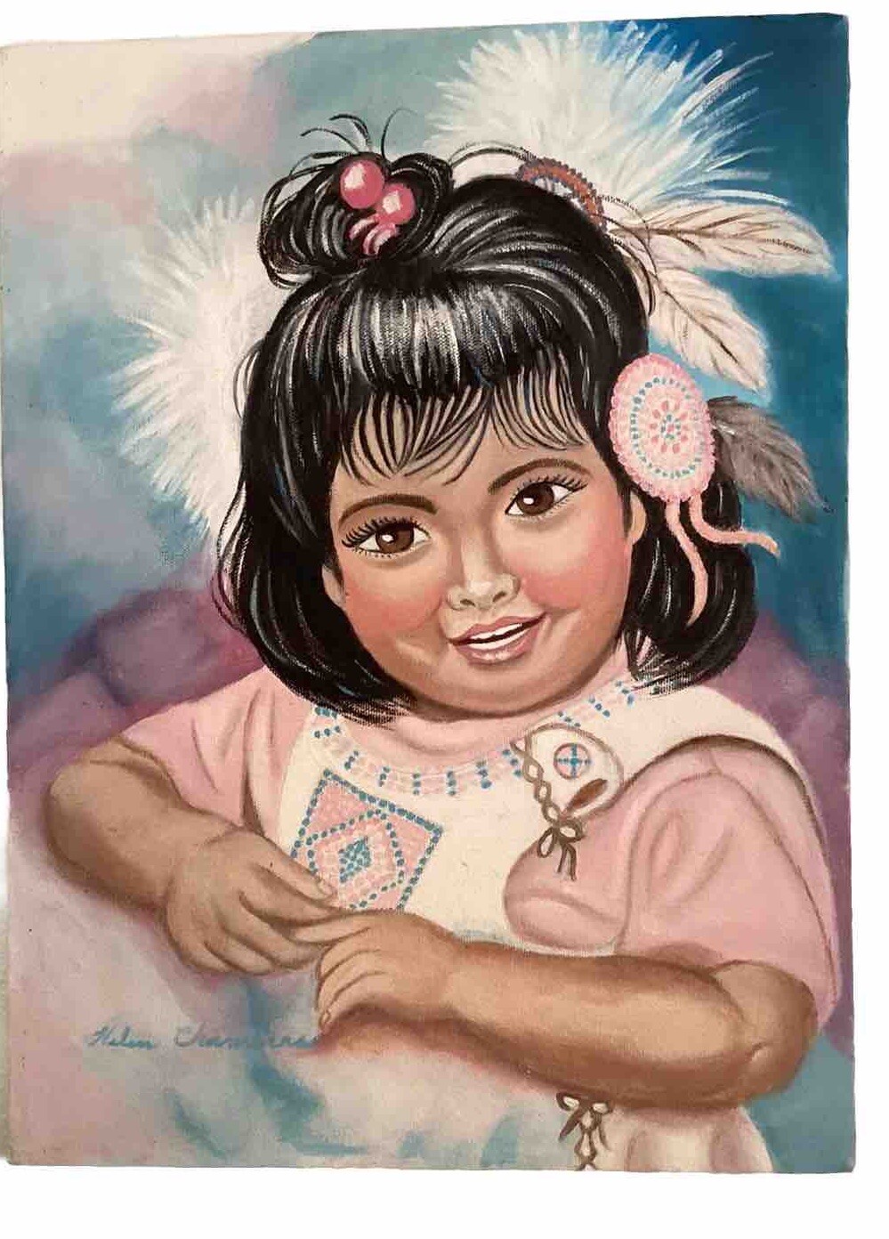 Native American Girl Oil Painting By Helen Chambers Pretty Pink Child Portrait