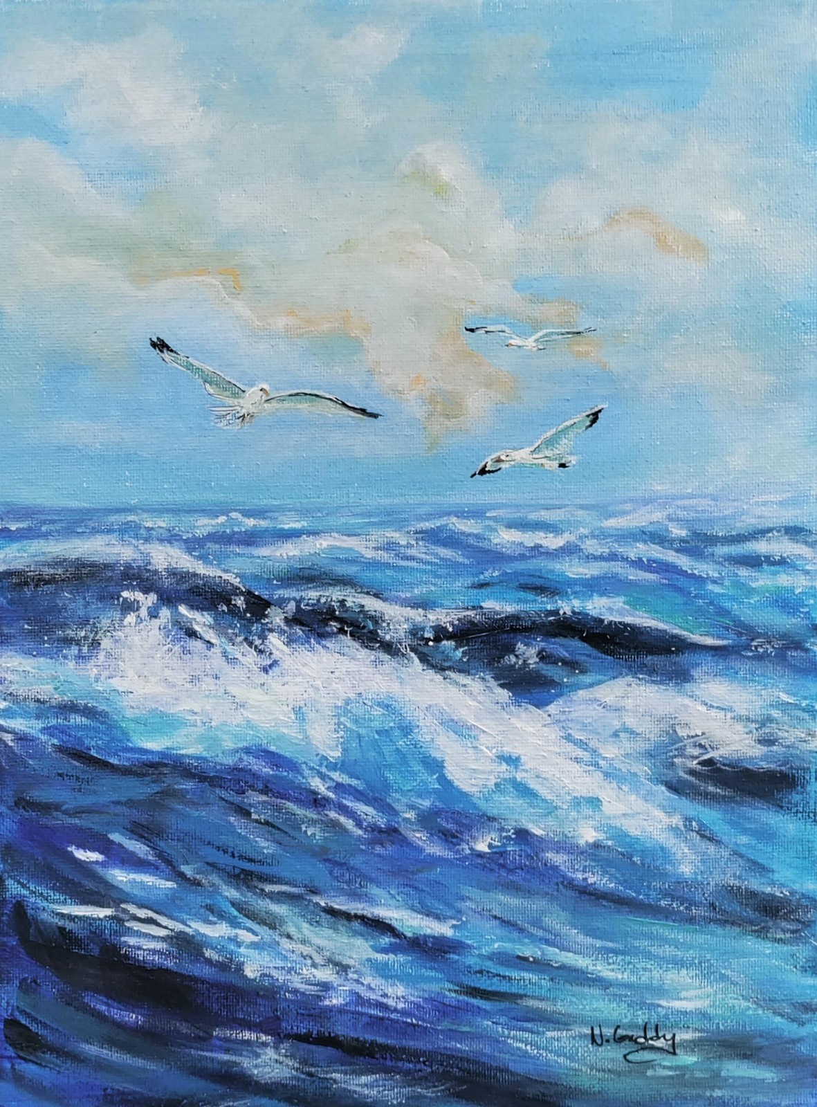 Original Expressionism 9 x 12 Blue Ocean Waves Acrylic Wall Canvas Art Painting