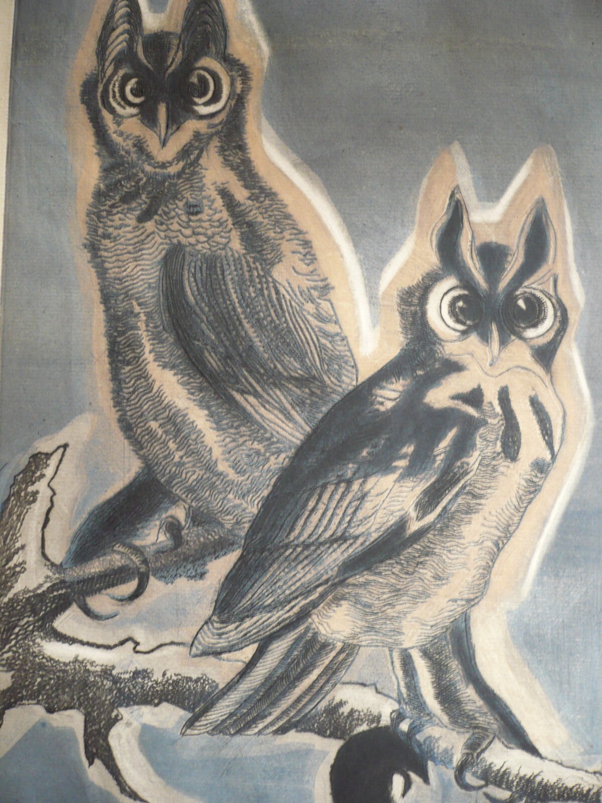 SYBILLA MITTELL WEBER, SIGNED COLOR ETCHING PRINT OWLS BIRD, MODERN & LISTED ART