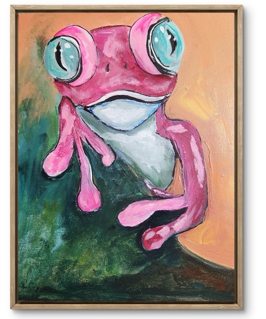 Pink Frog Whimsical Original Art 14X11 Canvas Acrylic Abstract Wall Art