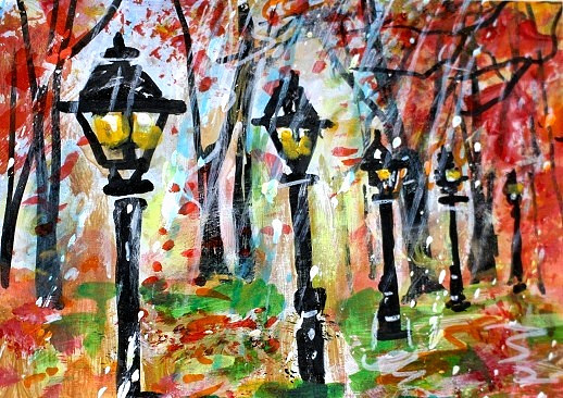ACEO Original Painting TREE Street Lights Autumn Rain Landscape FALL ATC ART