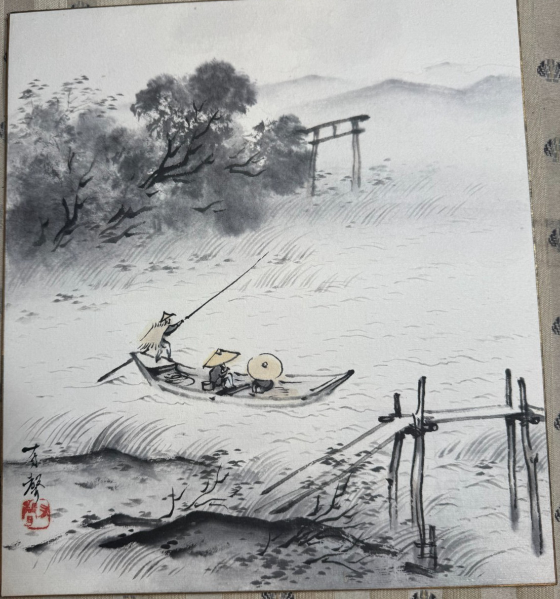 Vintage Japanese Sumi-e Ink Wash Shikishi Fishing Boat Torii Landscape Red Seal