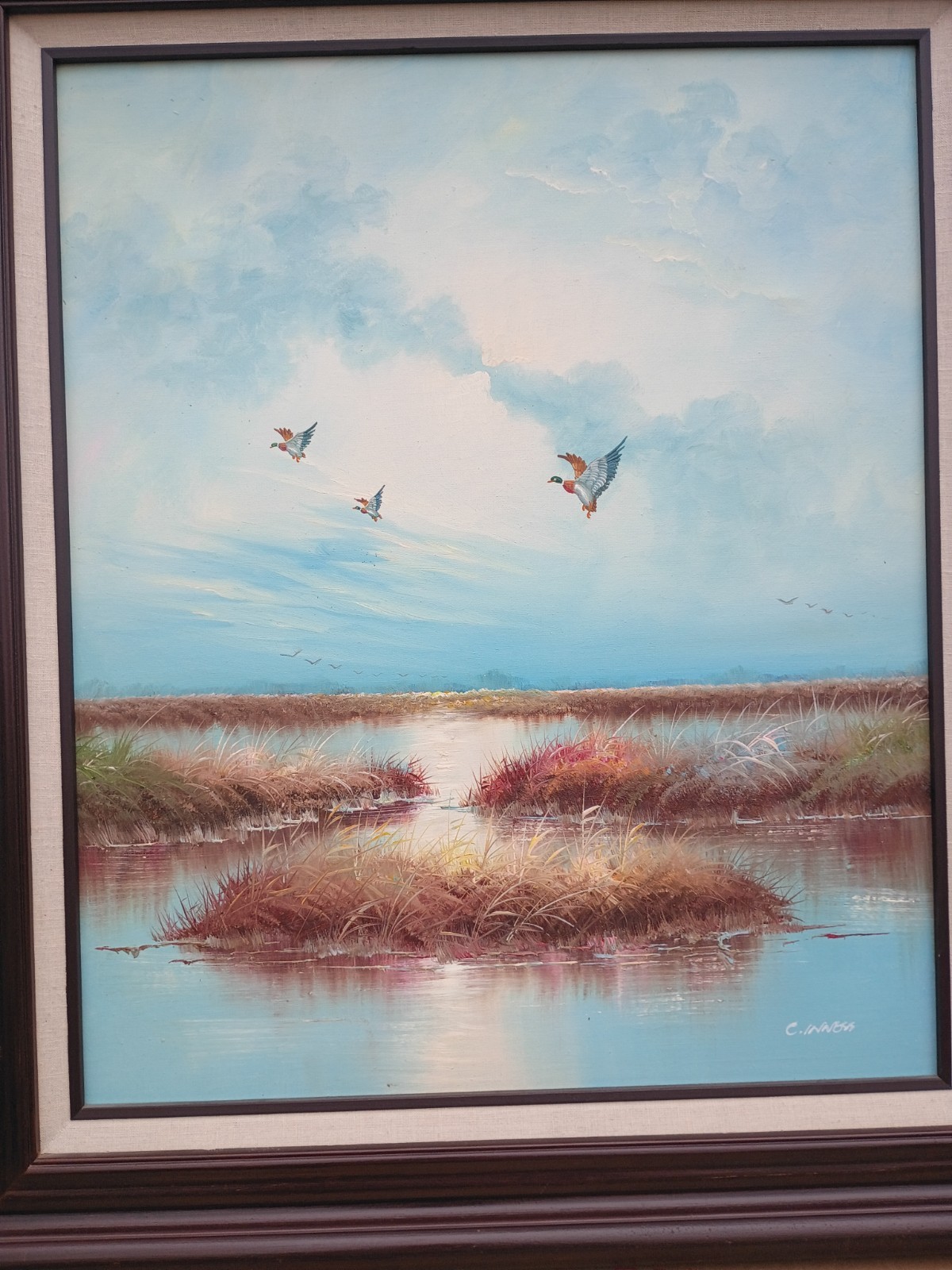 Vintage Clara Inness CabinCore Original Oil Painting Framed Mallard Ducks Marsh