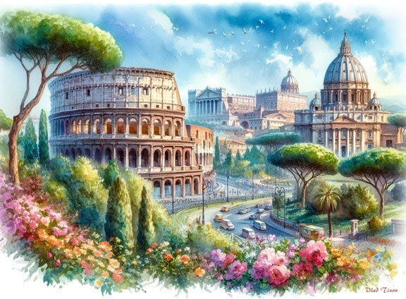 ROME Italy. Landscape Painting Giclee Canvas 16″x20″ with mat frame