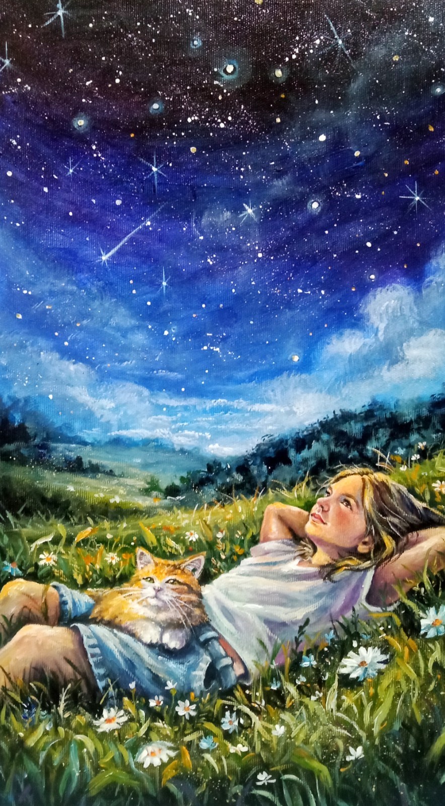 Original Canvas Painting, Girl and Cat, Nature, Fantasy Art, Ukraine Night
