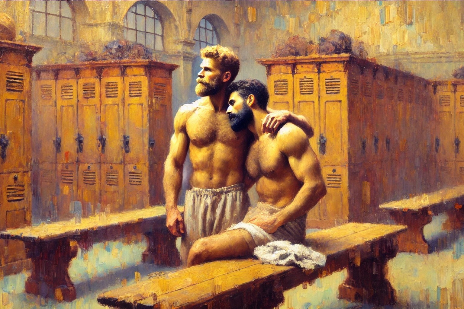 Original gay LGBTQ art painting «Locker Room Romance» signed by the artist Large