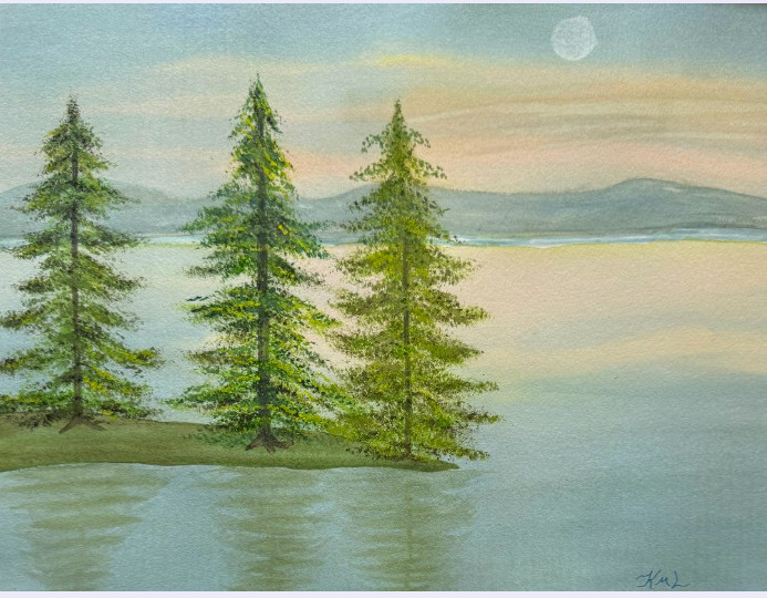 PAINTING WATERCOLOR SUNSET TREES WATER LANDSCAPE GREEN 11X14 & DOUBLE MAT 16X20