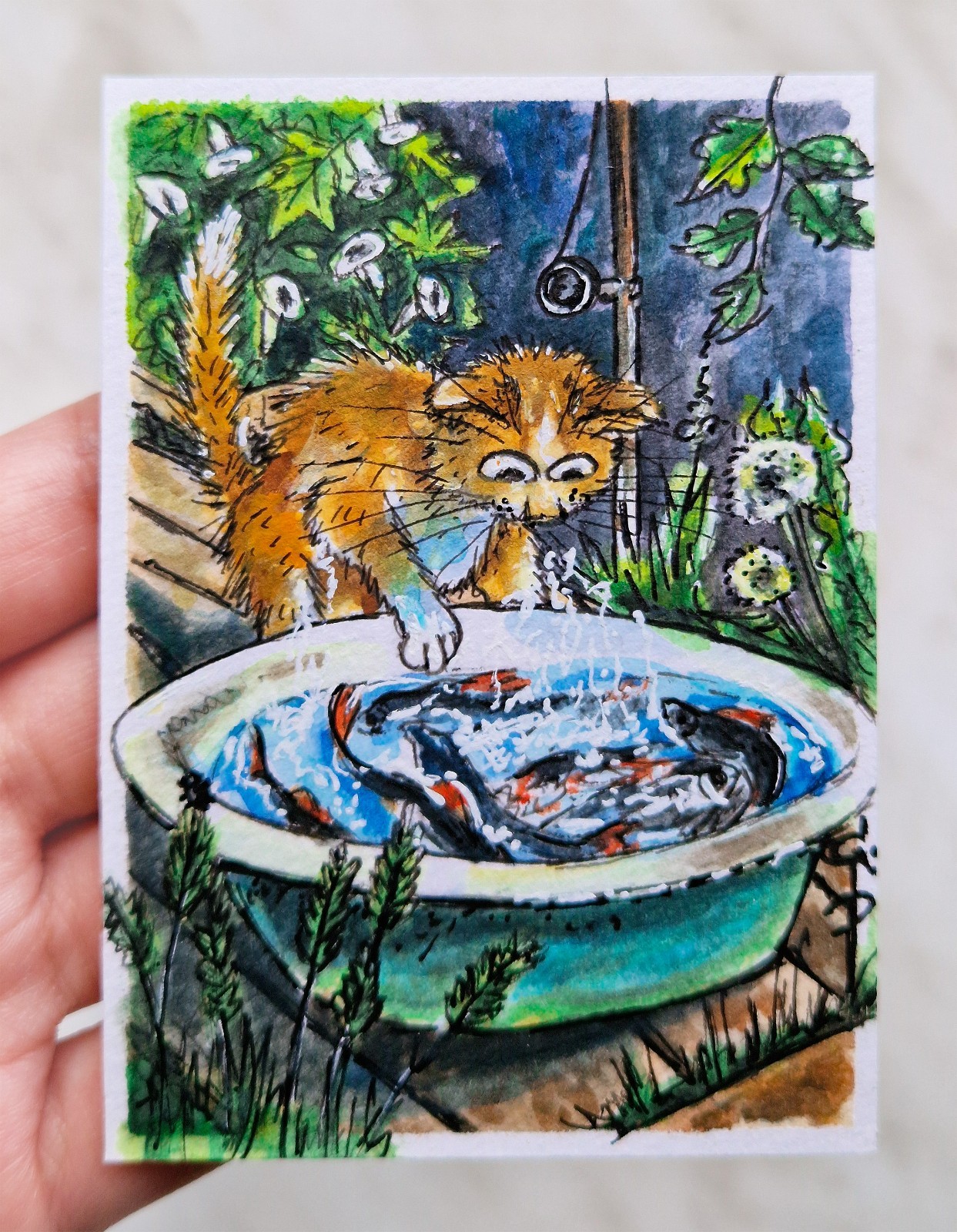 ACEO Cat Painting Fish day Orange kitten fishing Watercolor Original Art card
