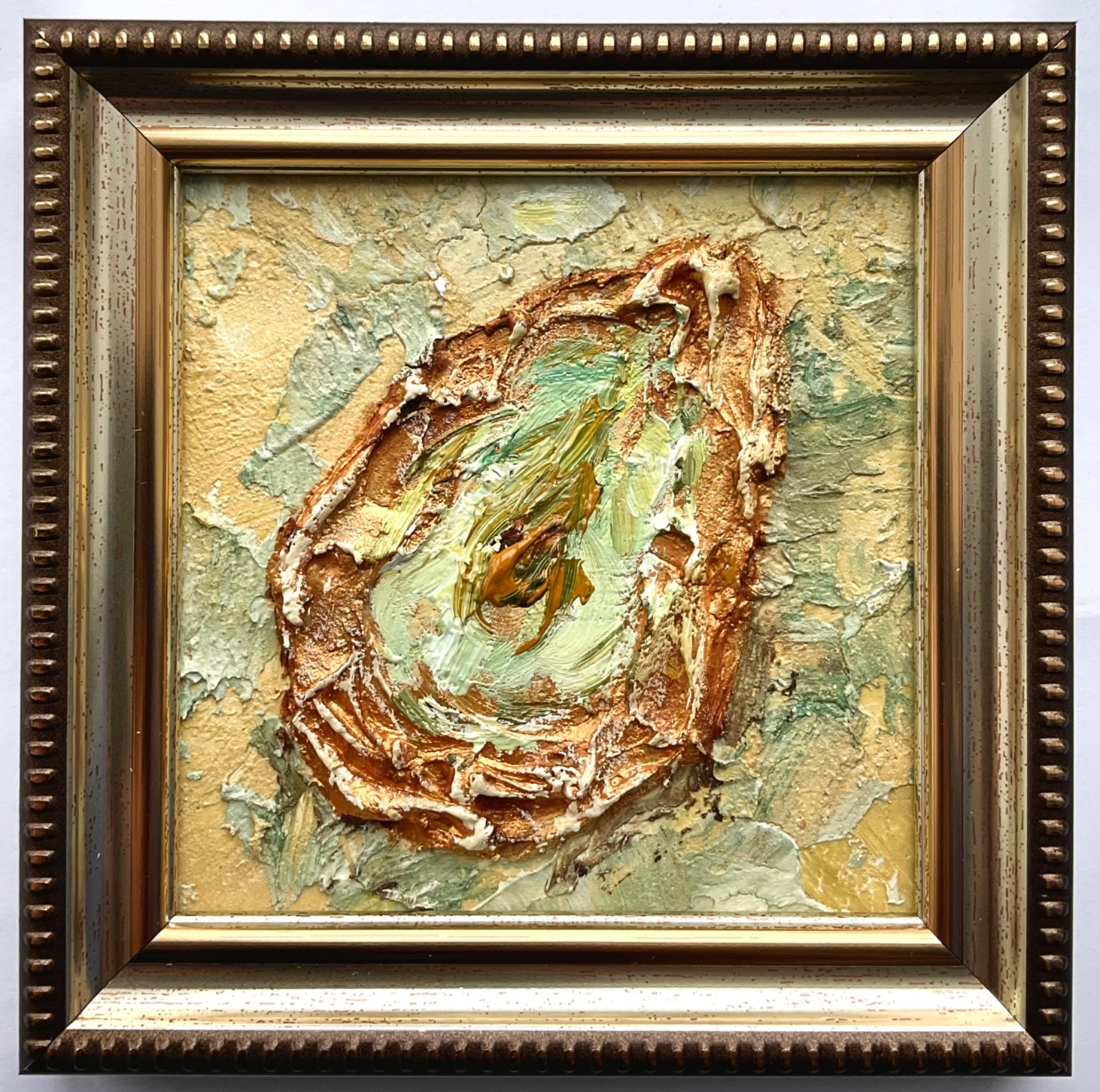 Oyster4 Original Painting Mixed Media Impasto Texture Framed Wall Art 4x4in