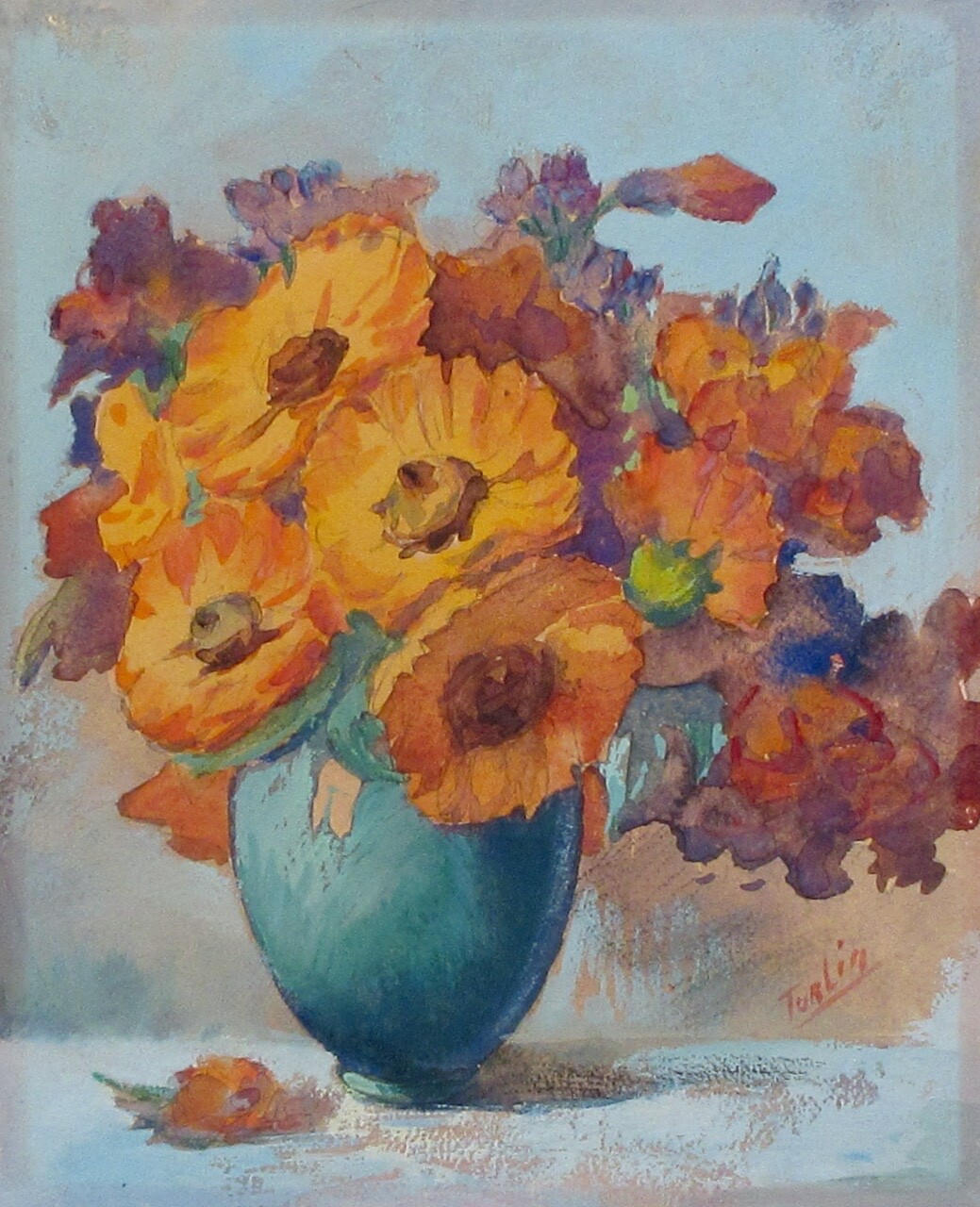 Vintage French Watercolor & Pastel Painting Bouquet of Flowers Blue Vase, Signed