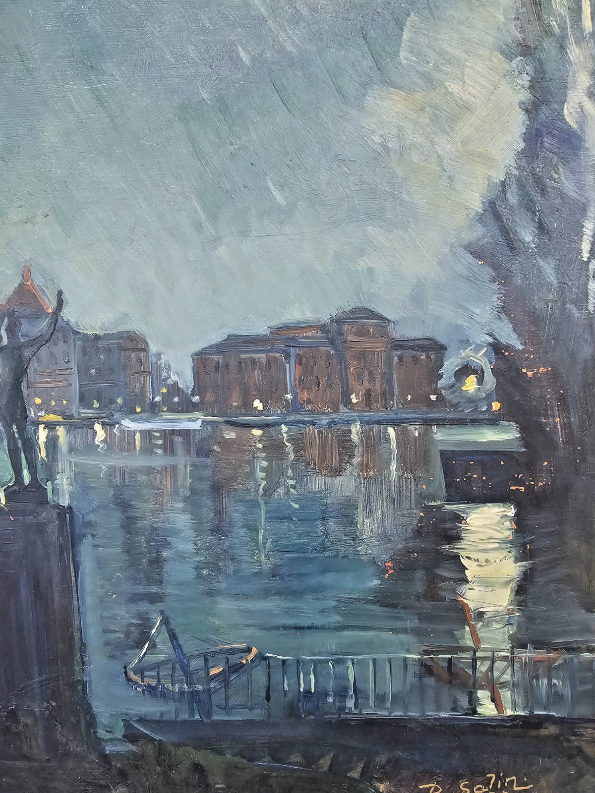 SCANDINAVIAN OIL PAINTING CITYSCAPE NORDIC EVENING SCENE SIGNED DATED 1932