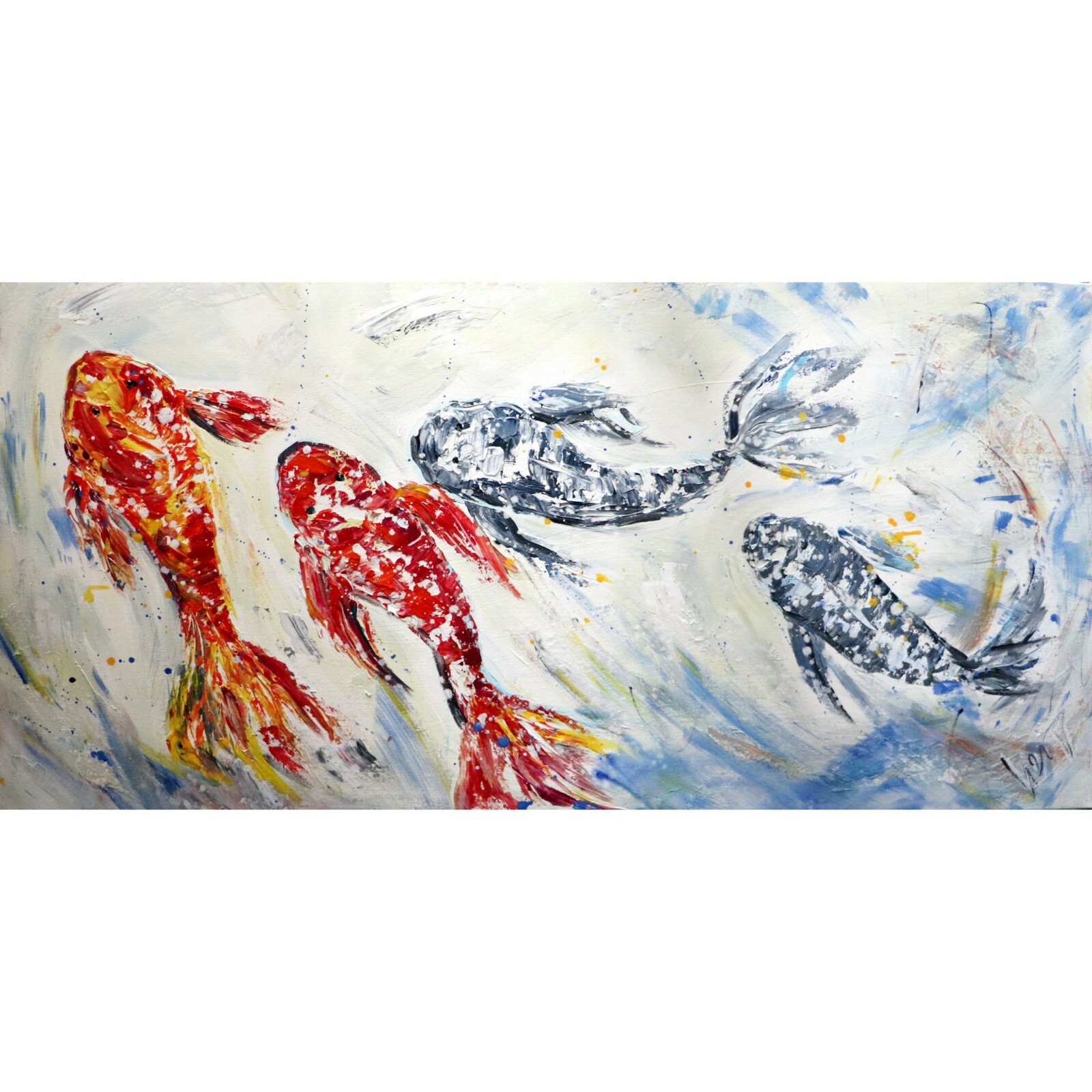 Large Koi Fish Oil Painting 48×24 Original Textured Abstract Modern Canvas Art