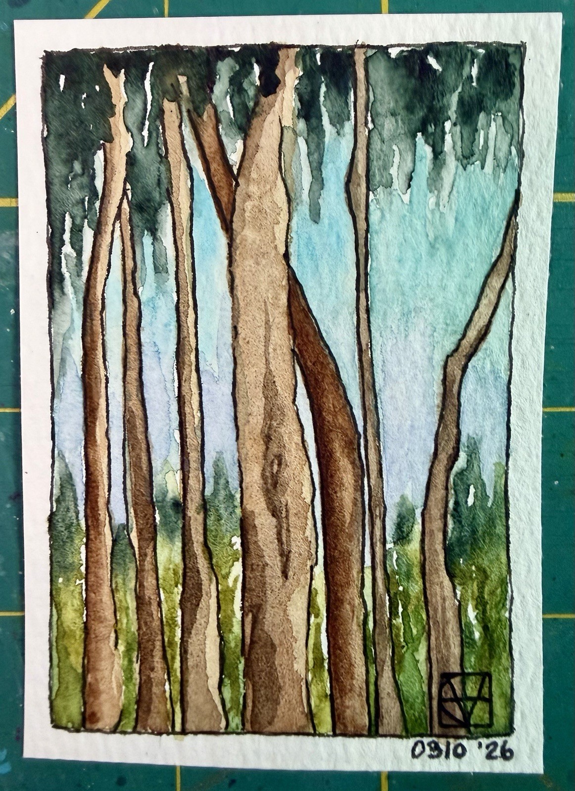 ACEO Painting by M. Hackney Forest Trees Watercolor & Ink, Signed, 2.5×3.5″ 2026