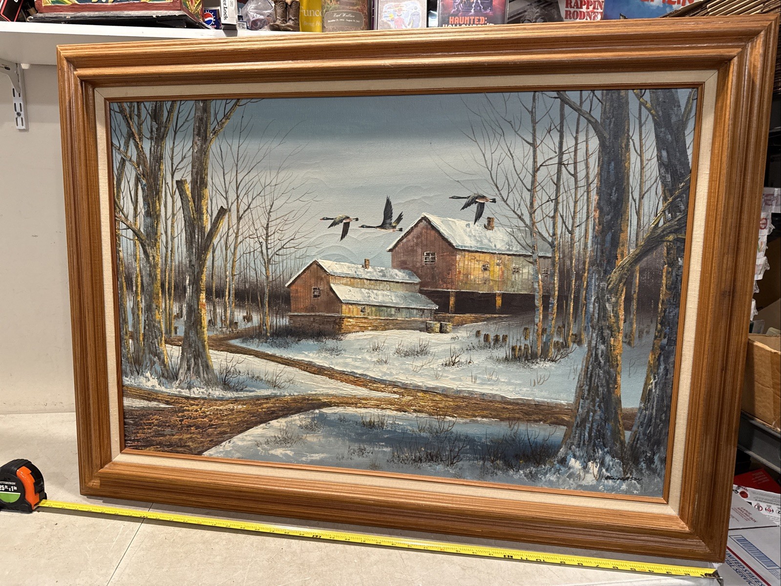 HUGE!! 43×32” Framed Landscape REAL Oil Painting Signed Forest Duck Hunting Wood