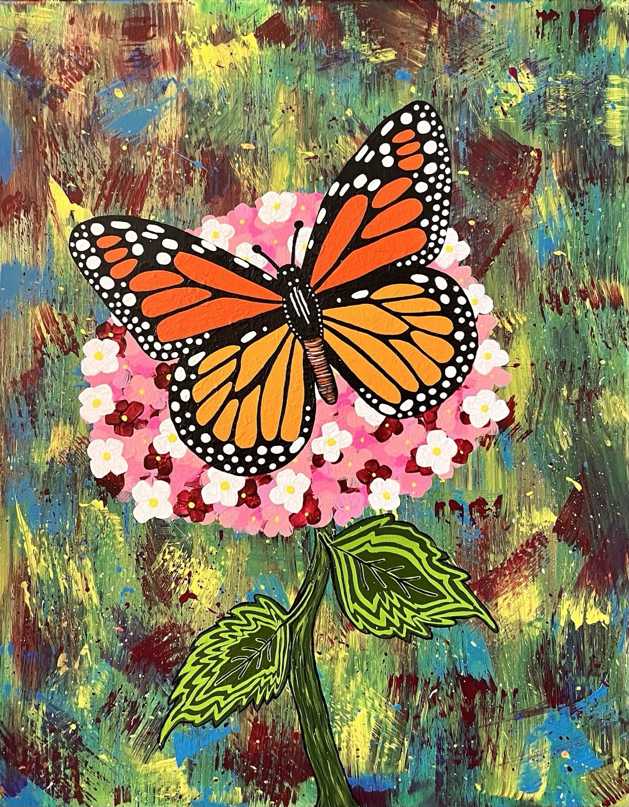 Pit Stop Monarch Butterfly Flower Acrylic Canvas Painting 16×20”