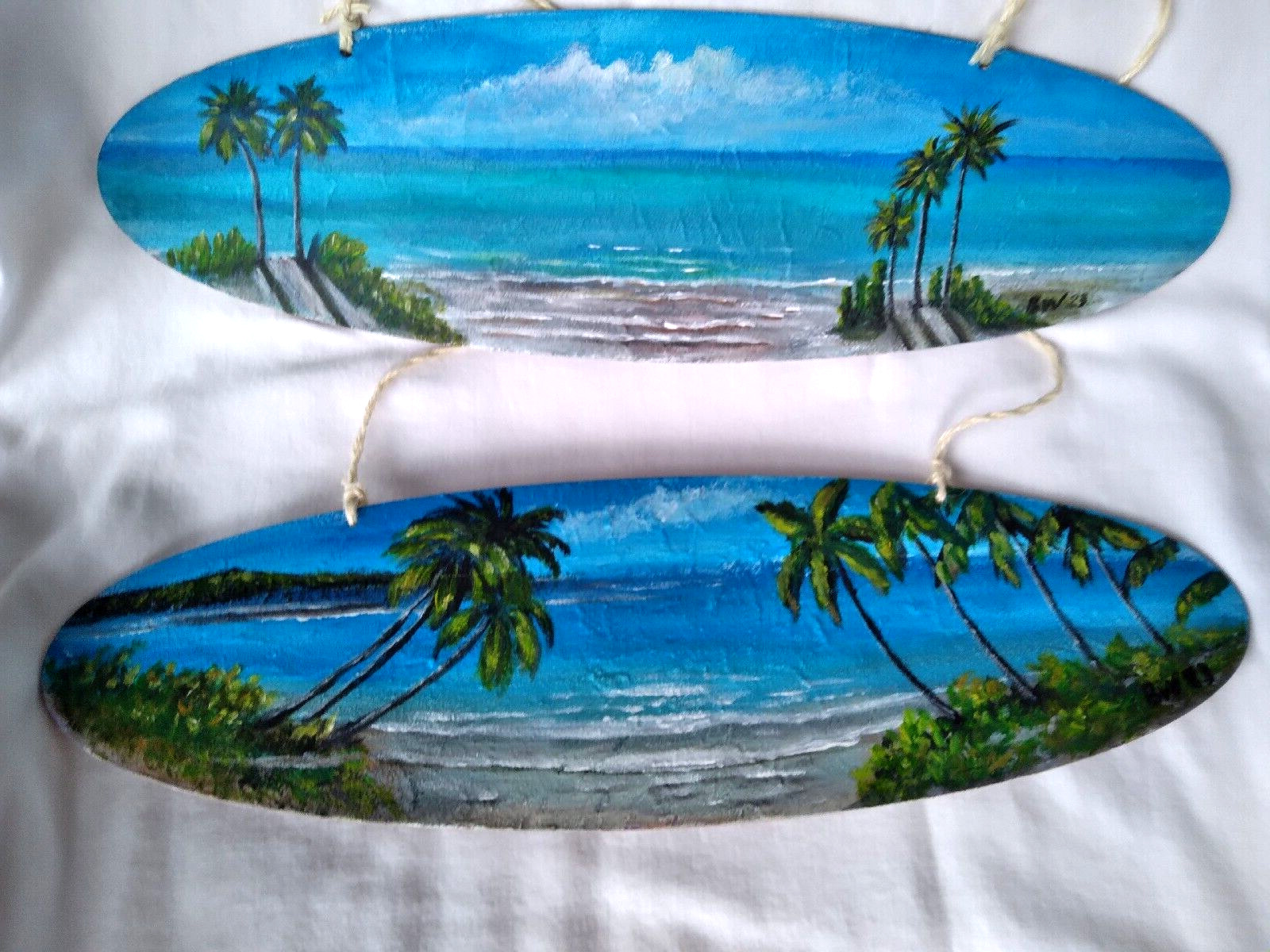 2 pcs Hand Painting on 15.5″x5″ Surf Board Painting Coastal Beach Seaside Art