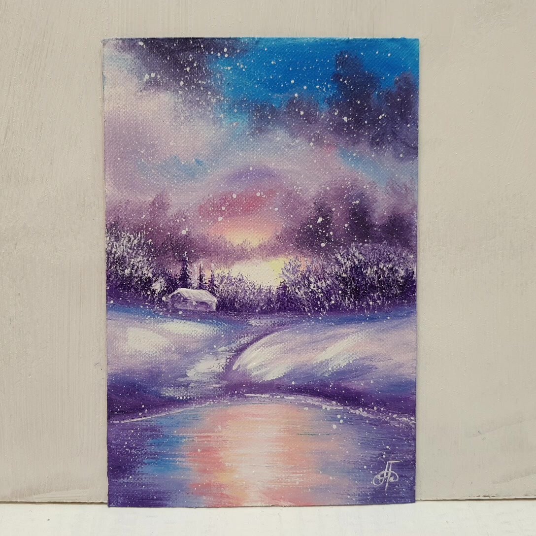 Winter Sunset Lake Path Painting Snow Cottage Purple Red Sky Signed Holiday Deco