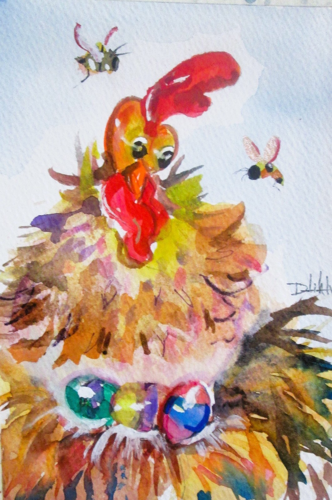 Delilah Chicken Easter Eggs impressionism original watercolor