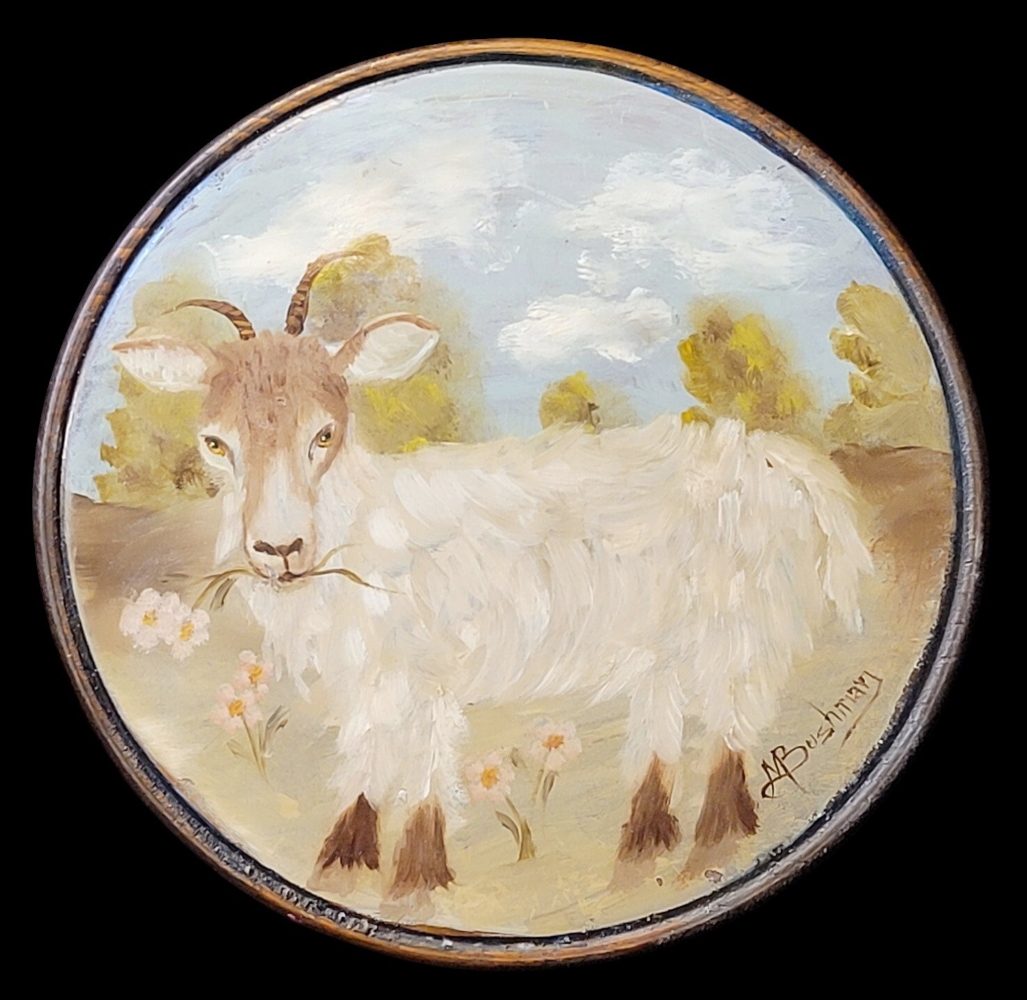 Vintage Folk Art Goat Painting Signed A Bushman Round Plaque Farmhouse Decor
