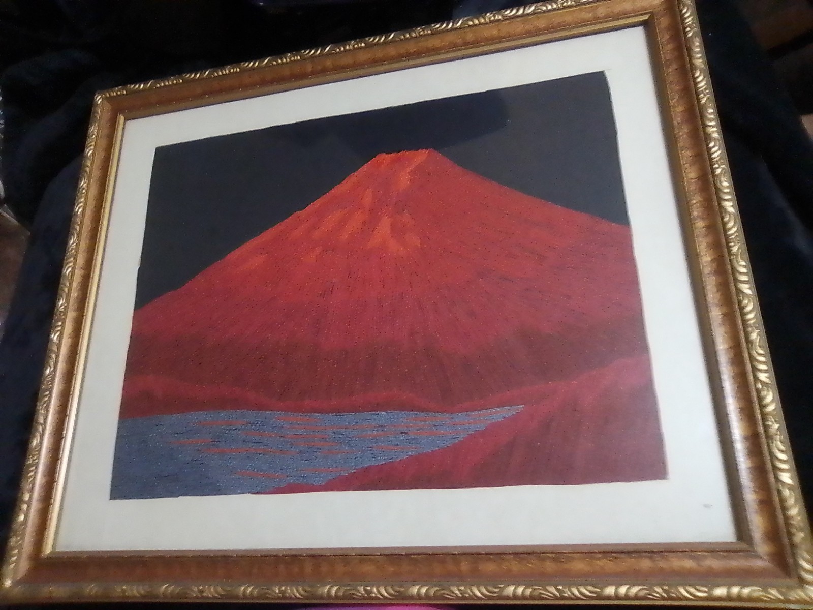 Barbara Robinson Framed Japanese Mt Fuji Needlepoint Embroidery Painting 1971