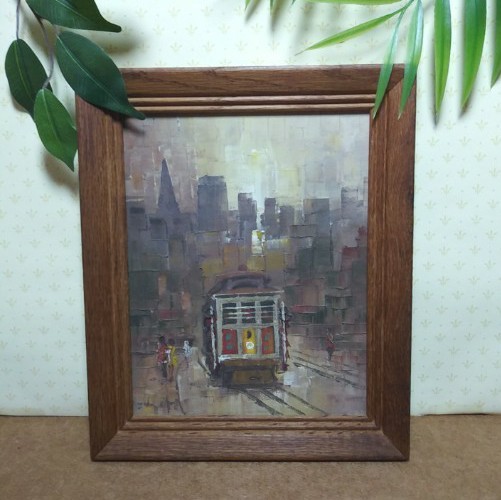 Abstract Cityscape Trolley Brown Tone Impasto Oil Painting 10×12 Framed Signed