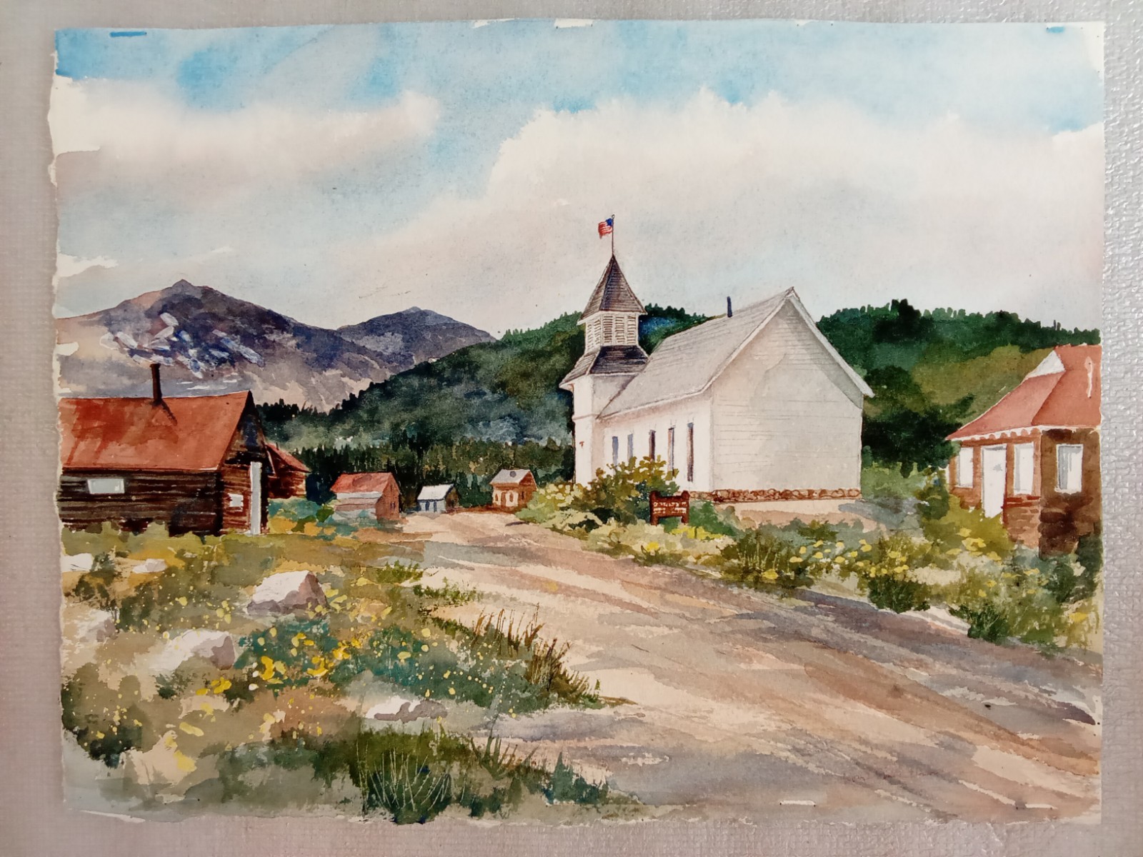 VINTAGE UNKNOWN SIGNED ORIGINAL WATERCOLOR PAINTING WESTERN LANDSCAPE TOWN CITY