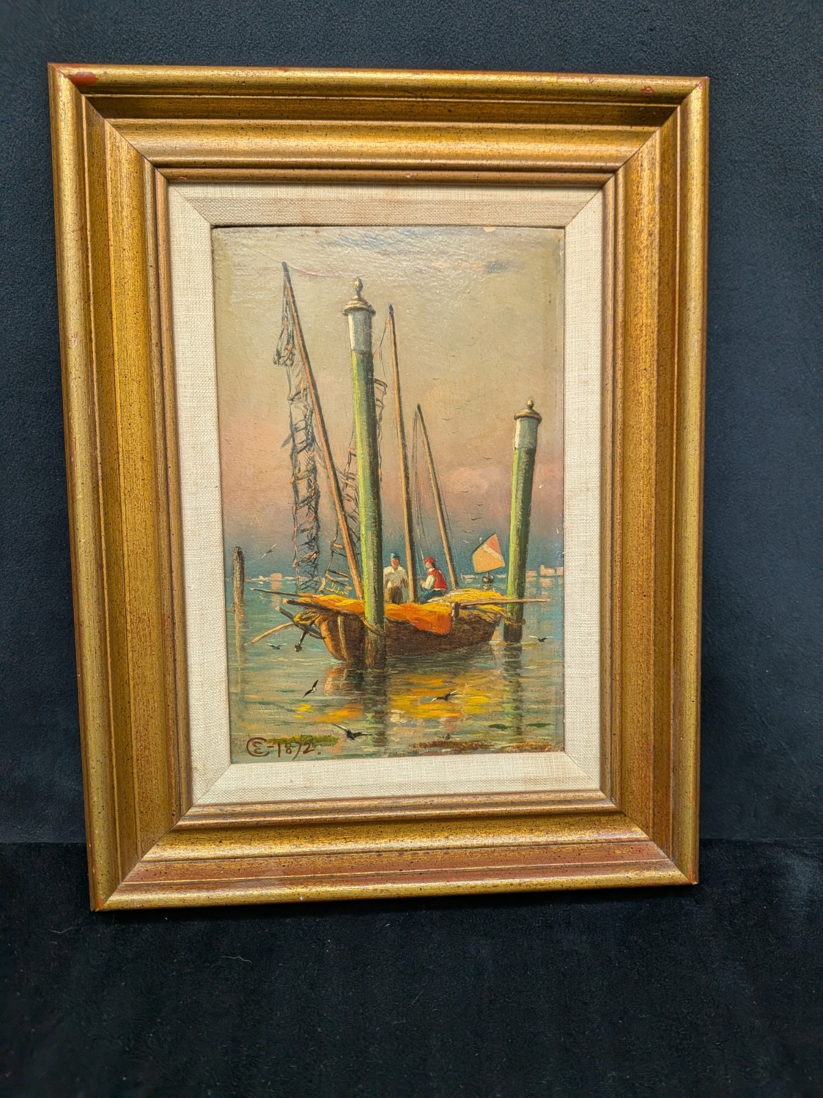 Antique Oil Painting Sea Fishing Boat 1872 Signed Framed 10.25 x 13.5 Nautical