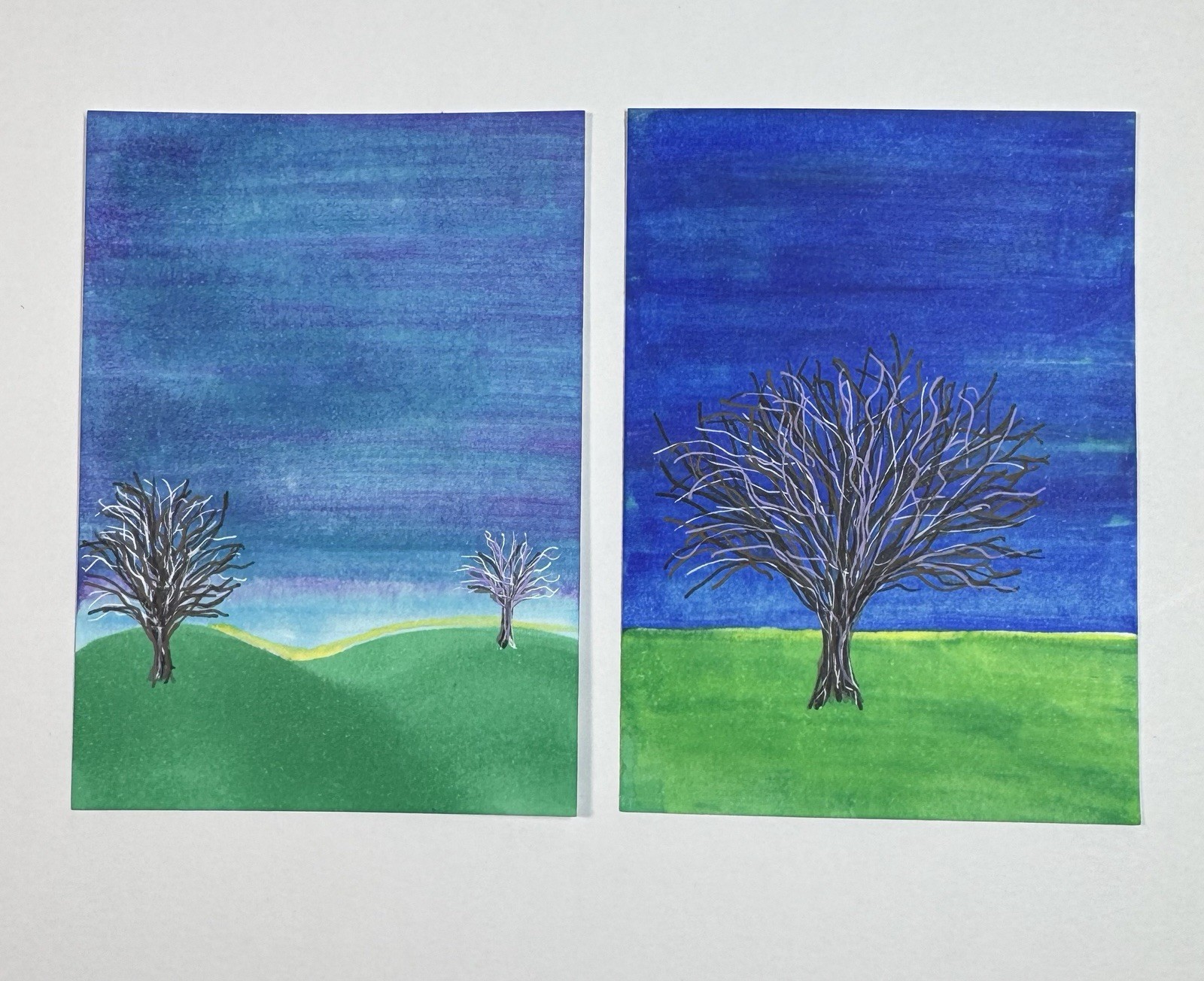 Set of Two ACEOs Acrylic and Alcohol Ink Painting Abstract Tree Landscapes