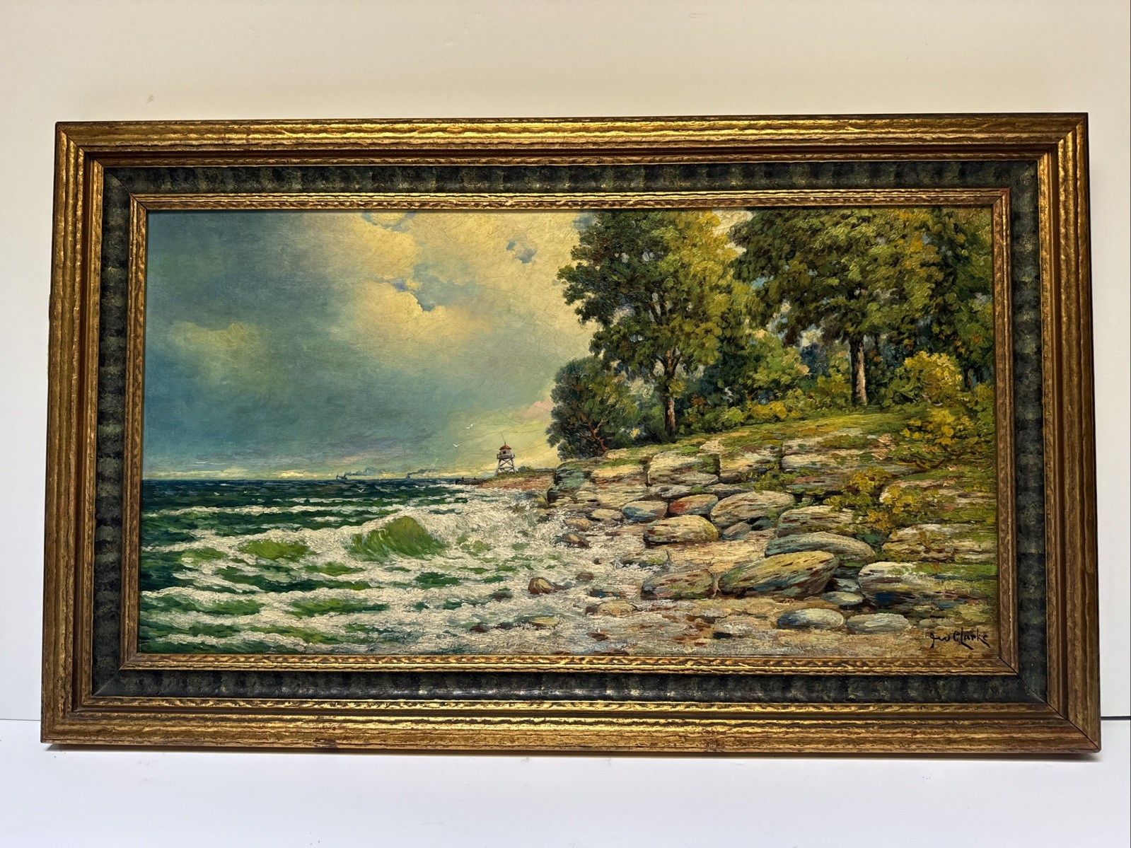 ANTIQUE BEACH PAINTING STEAM SHIP NAUTICAL LIGHTHOUSE BUILDING COASTAL CLARKE