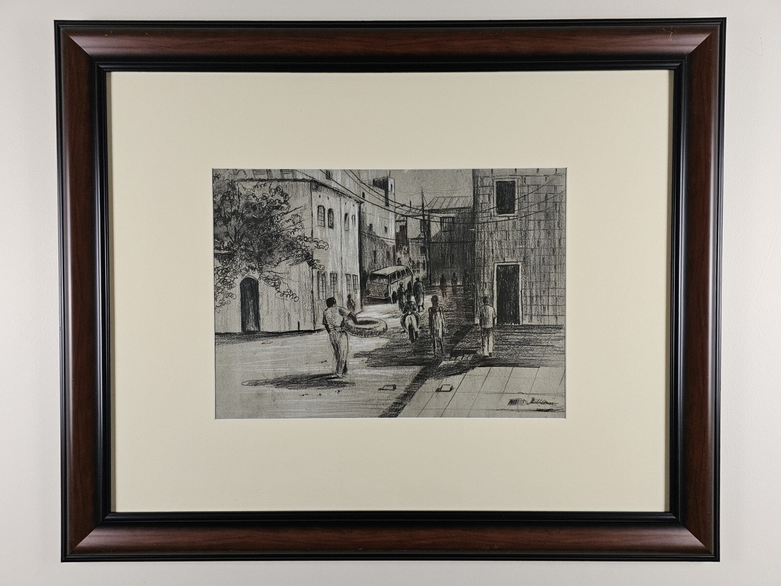 Original B&W Charcoal Art – Urban Street Scene 32.5×26.5 framed with glass