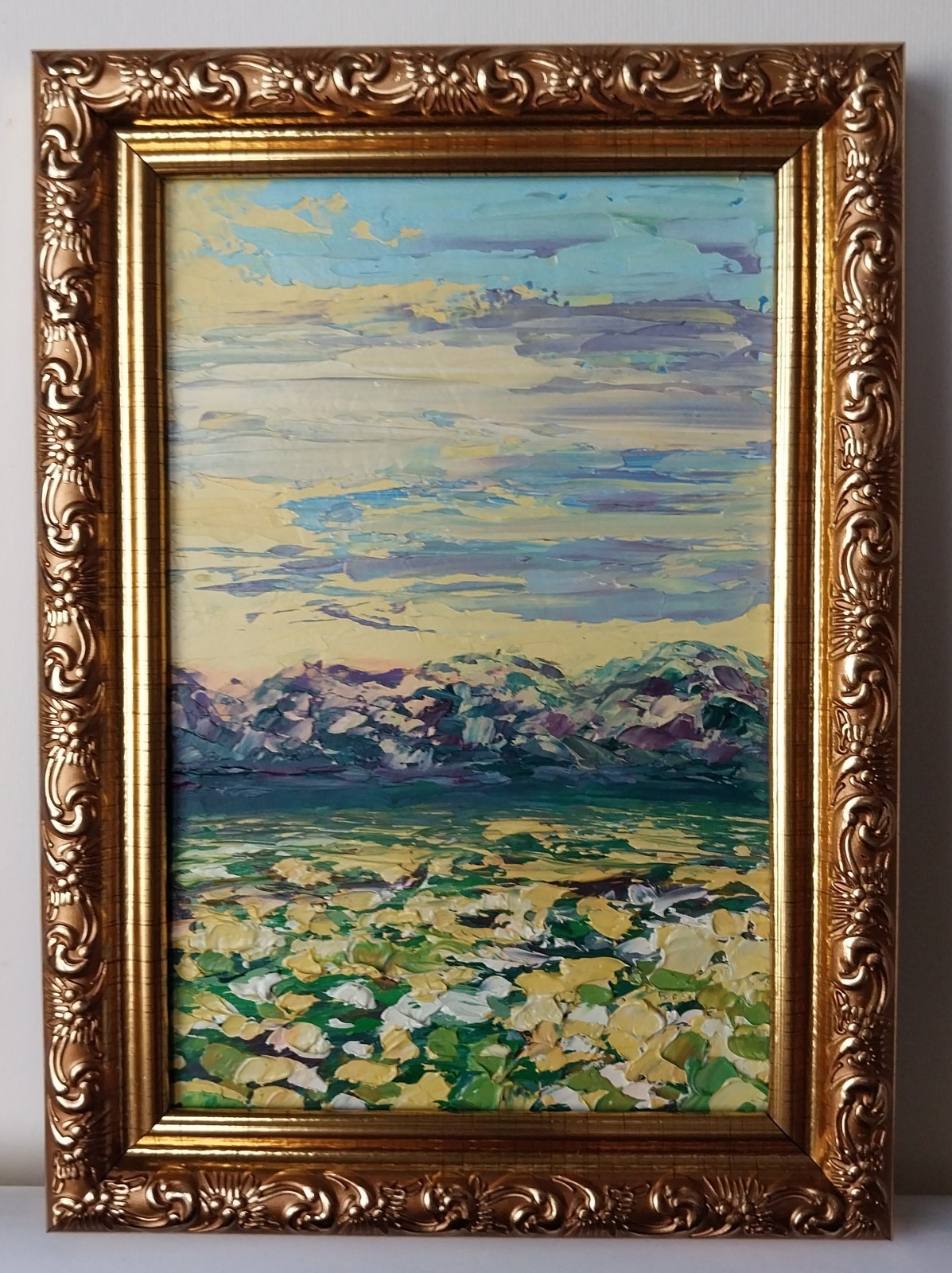 Framed Calm Landscape Flower Meadow At Sunrise Art 4×6” Original Oil Painting