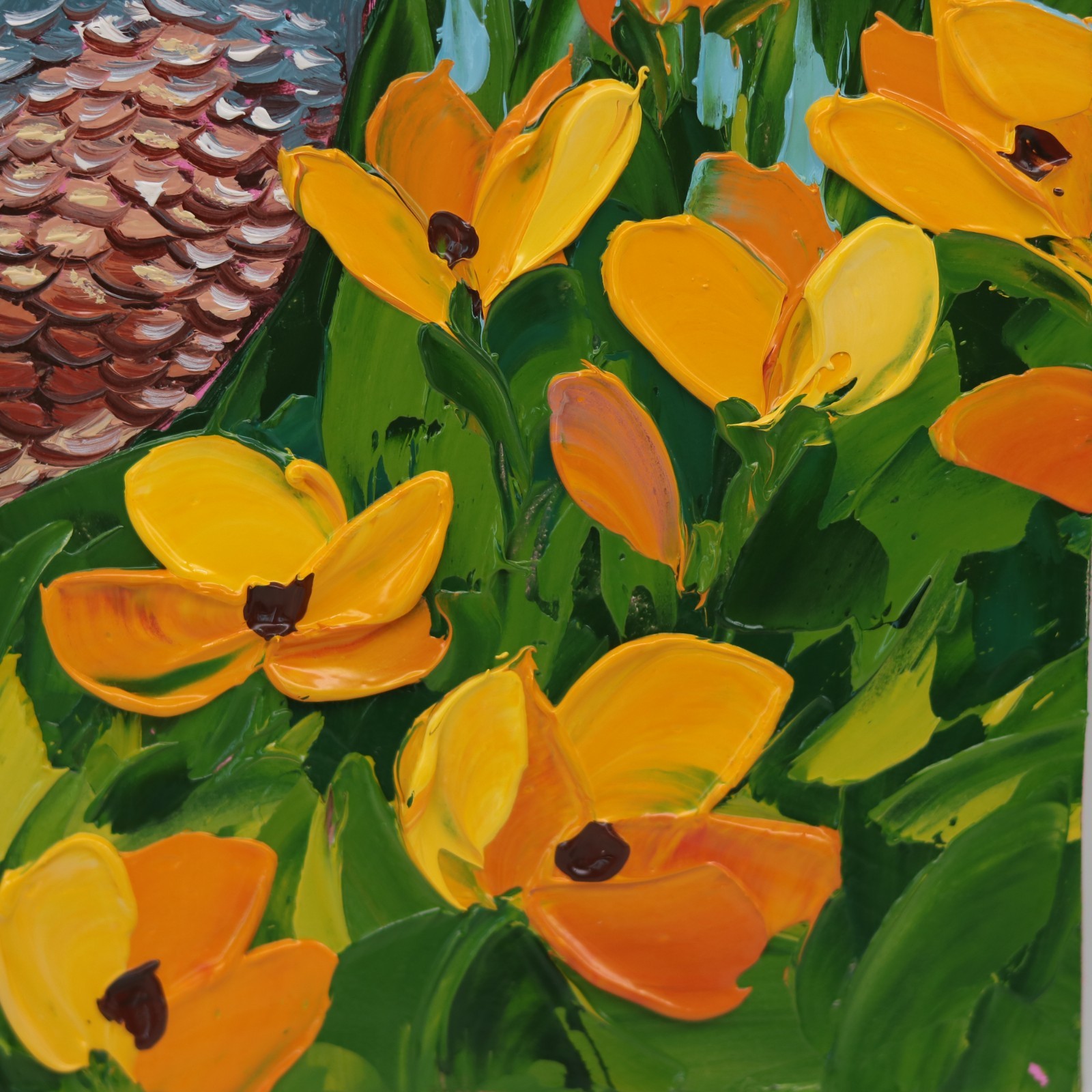 Quail Oil Painting California Poppy Flower Art Original Impasto Bird textured