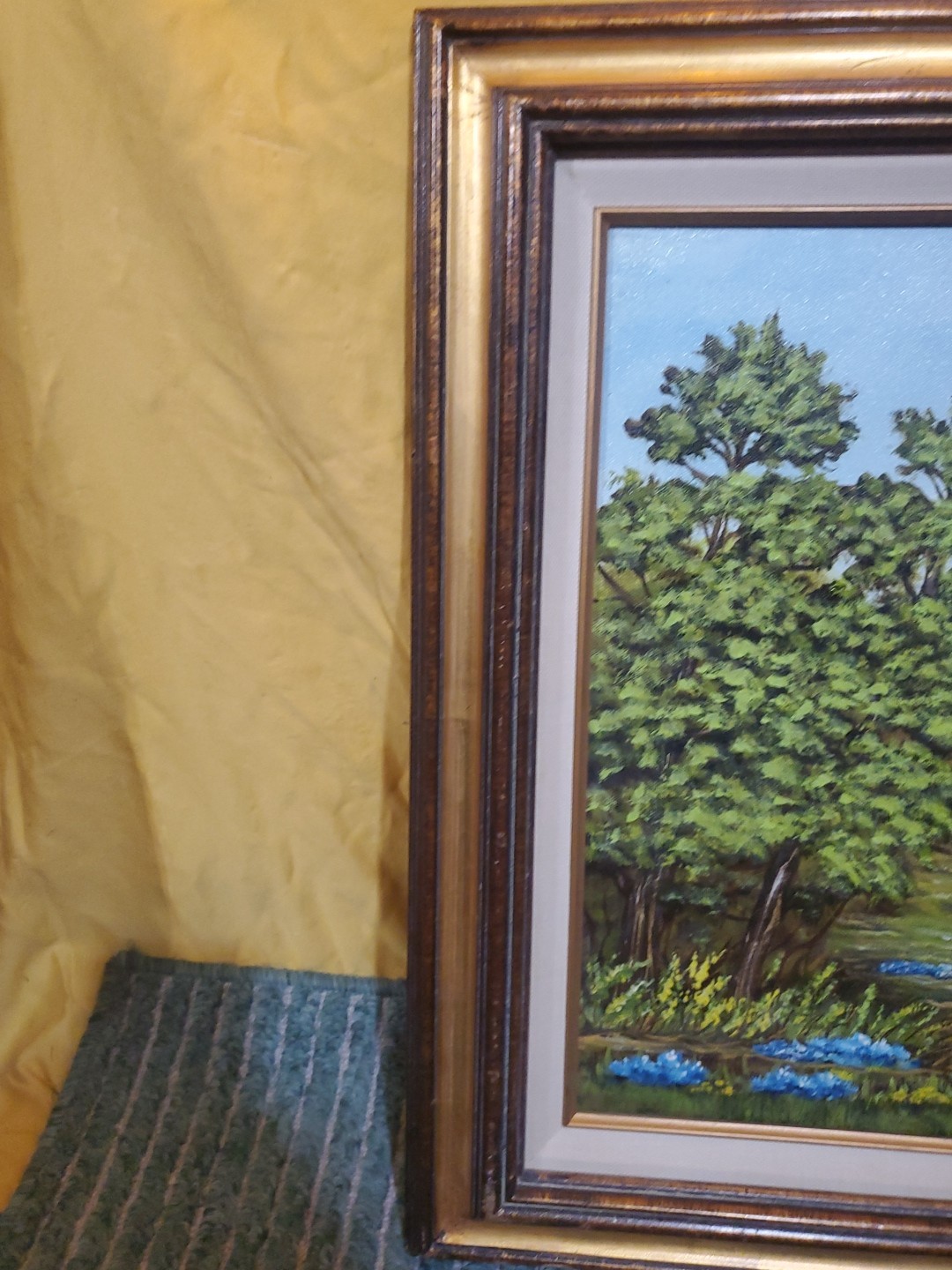 Original oil painting Vibrant!!! Blue Flowers Pond Forest Landscape SIGNED