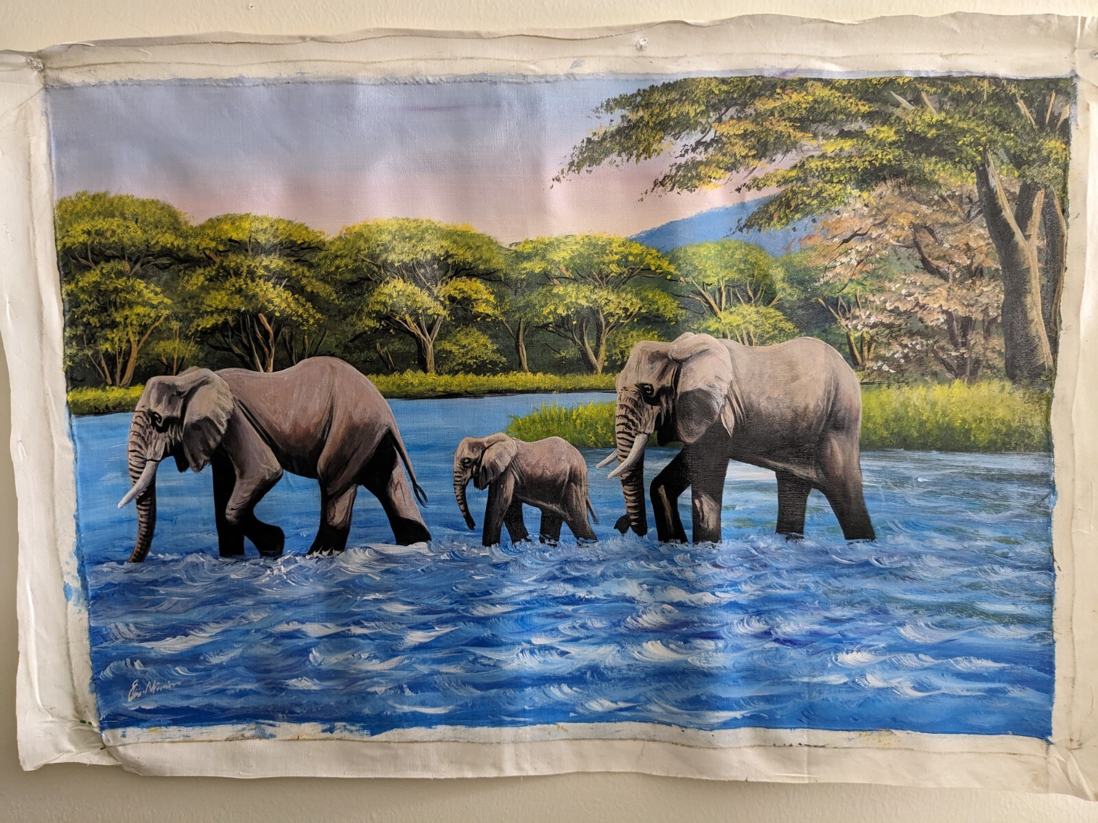 Oil Painting of Elephants on African Landscape 20×30 Vivid Colors Wild Animal