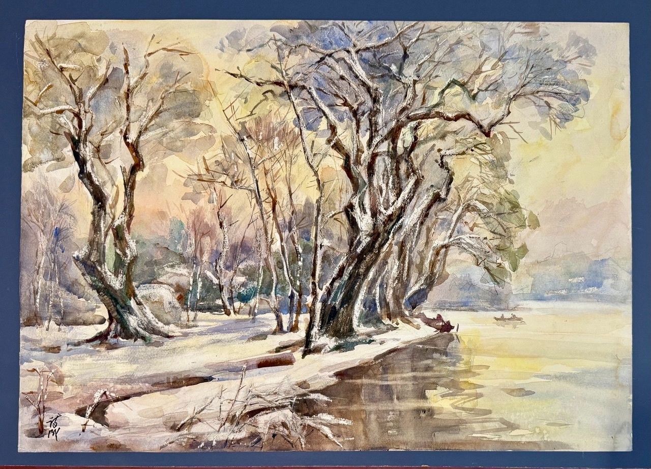 ⭕ CHINESE ORIGINAL WATERCOLOR GOUACHE WINTER LAKE LANDSCAPE SIGNED ORIGINAL ART