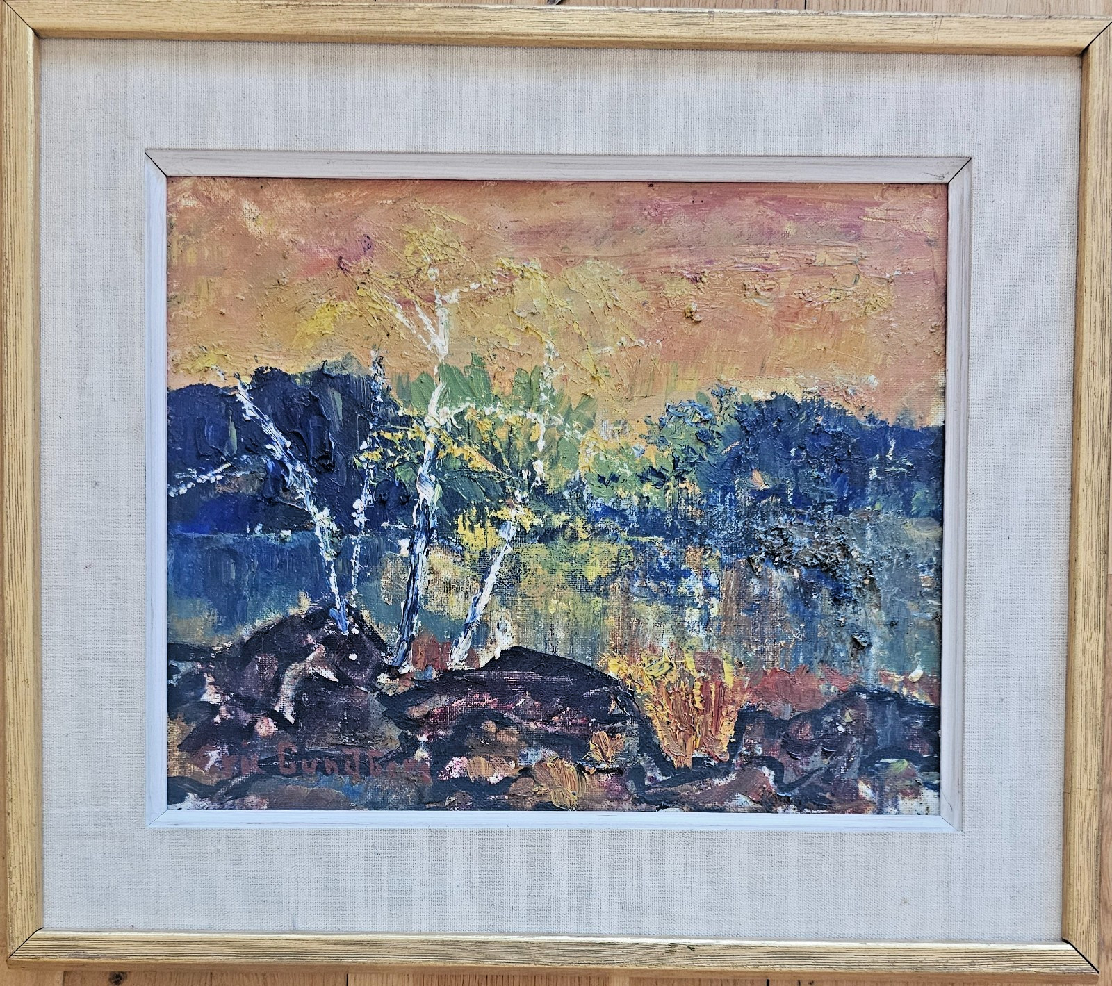 ORIGINAL NORDIC MID CENTURY PAINTING LANDSCAPE LAKE SUNSET SIGNED ERIC LUNDBERG
