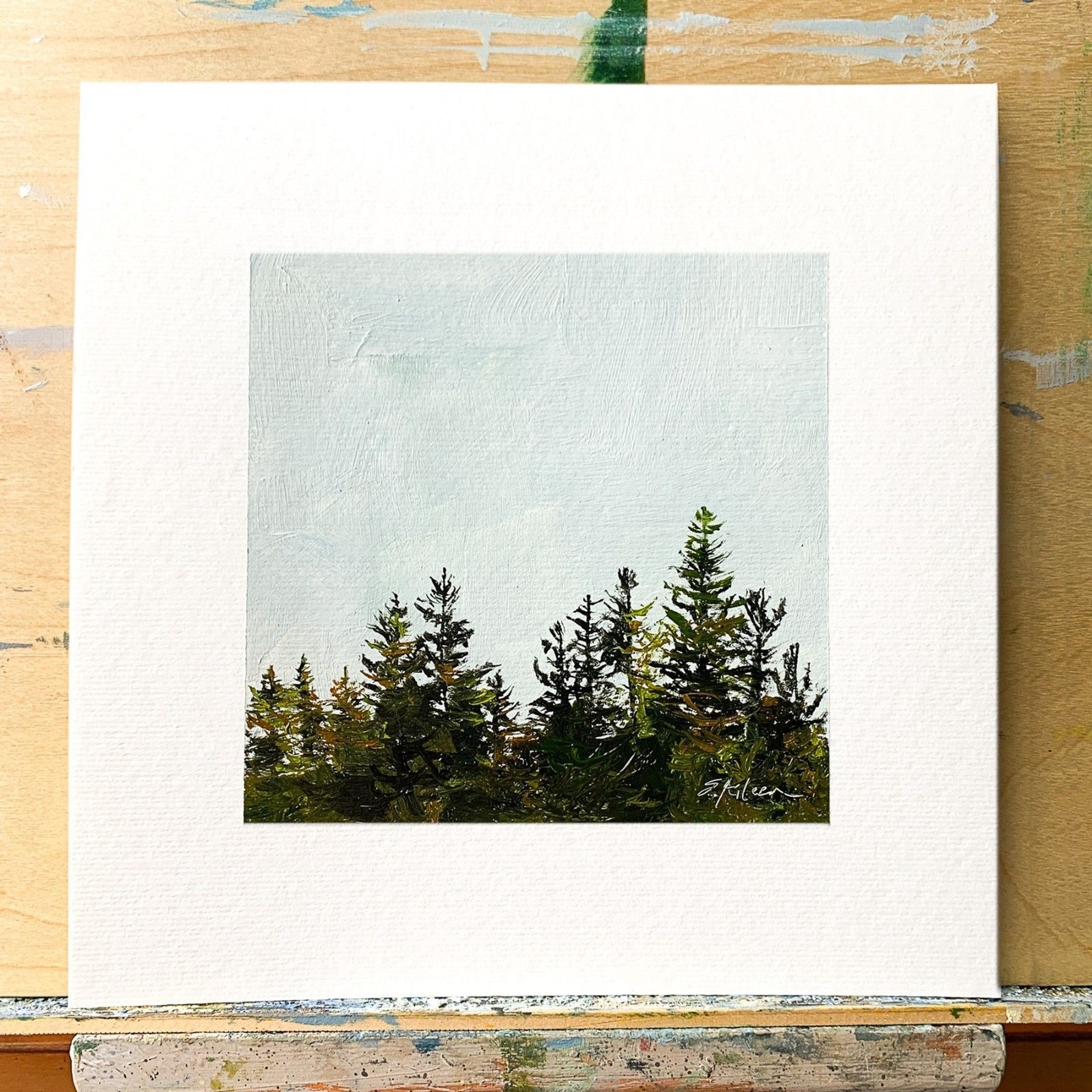 8×8 PNW Original Oil Painting Landscape Pine Trees Nature Forest Minimal Signed