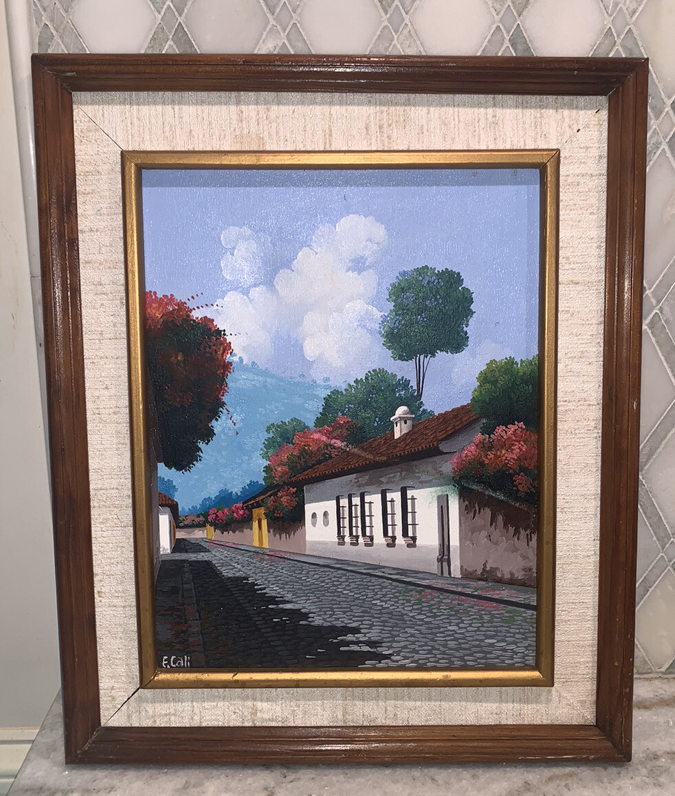 Vtg Architectural Courtyard Cityscape Town City Canvas FRAMED 14.5”x17.5” signed