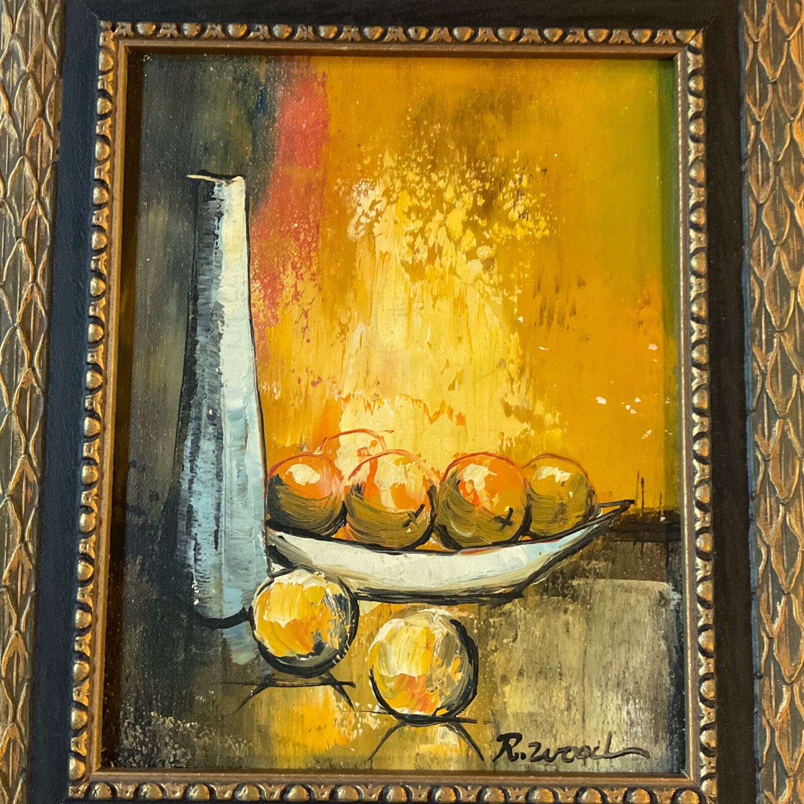 70s mid century modern original oil PAINTING by R.Wood still life food fruit