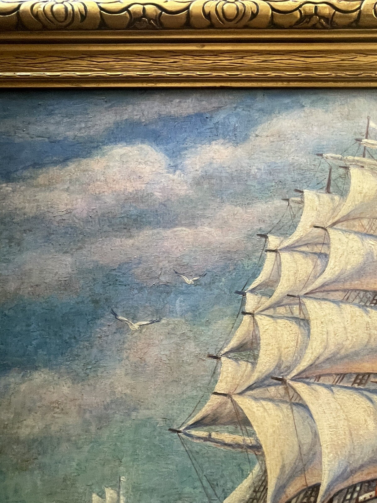 Antique Nautical Painting Seascape American Lighthouse Landscape Coastal Ship