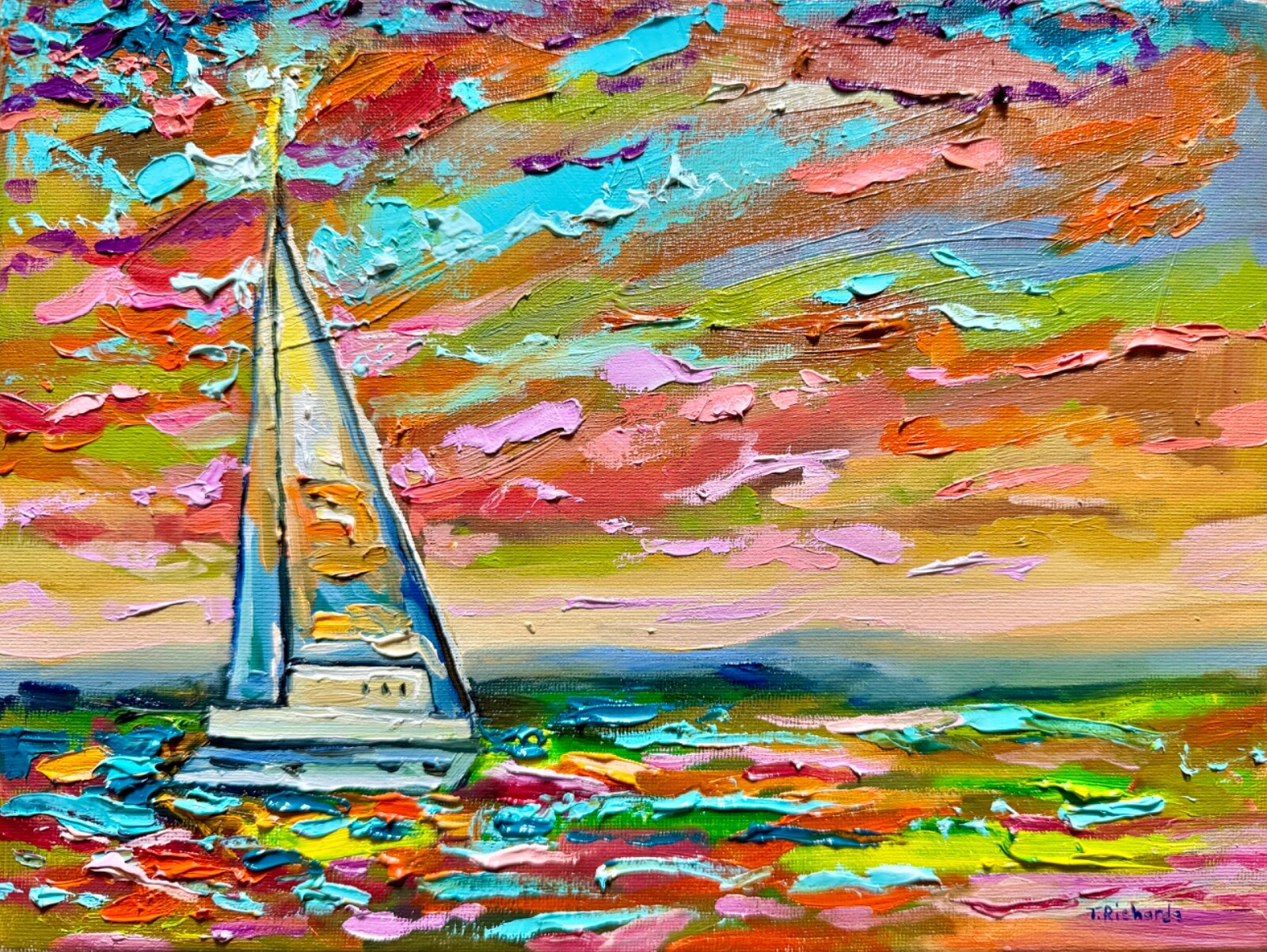 ORIGINAL oil painting Sailboat Ocean seascape marine art nautical artwork 9×12″