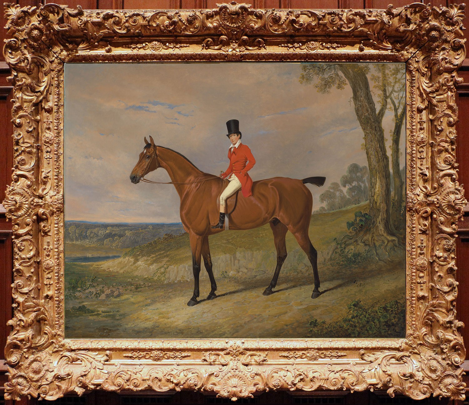 Antique Style Equestrian Oil Painting Hunt Rider on Bay Horse in Landscape Art
