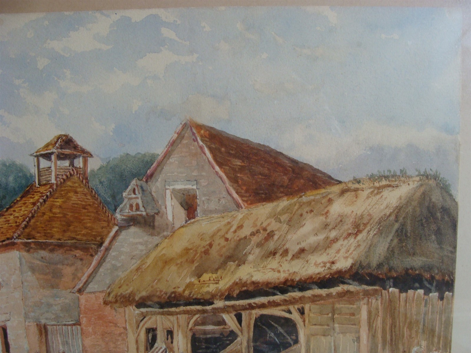 Antique 1895 Radclive Bucks Farm Barn Chickens Landscape W/C Painting