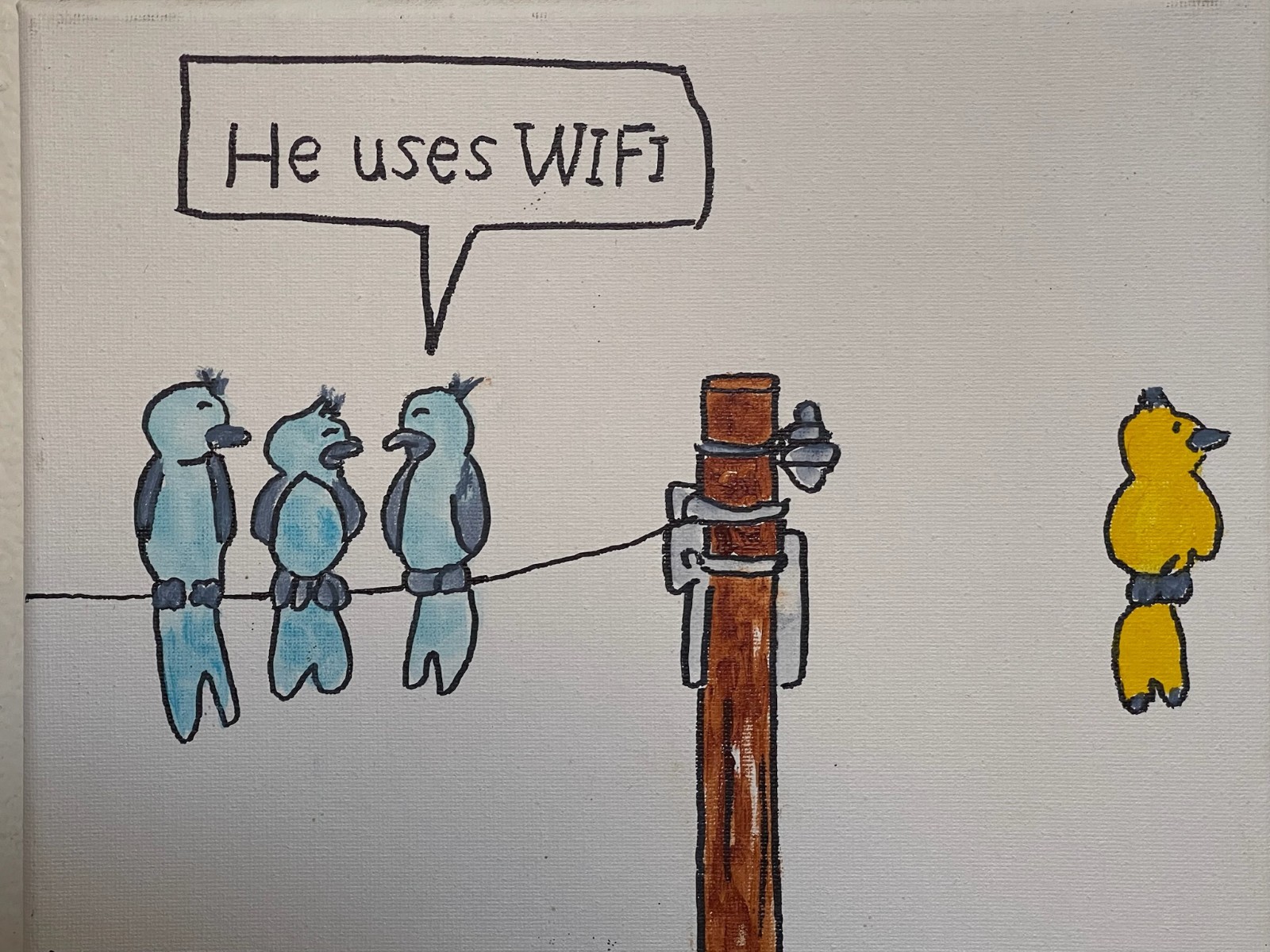 Seasoned Art Nature Humor Bird Wifi cartoon flying birds wire act canvas artwork