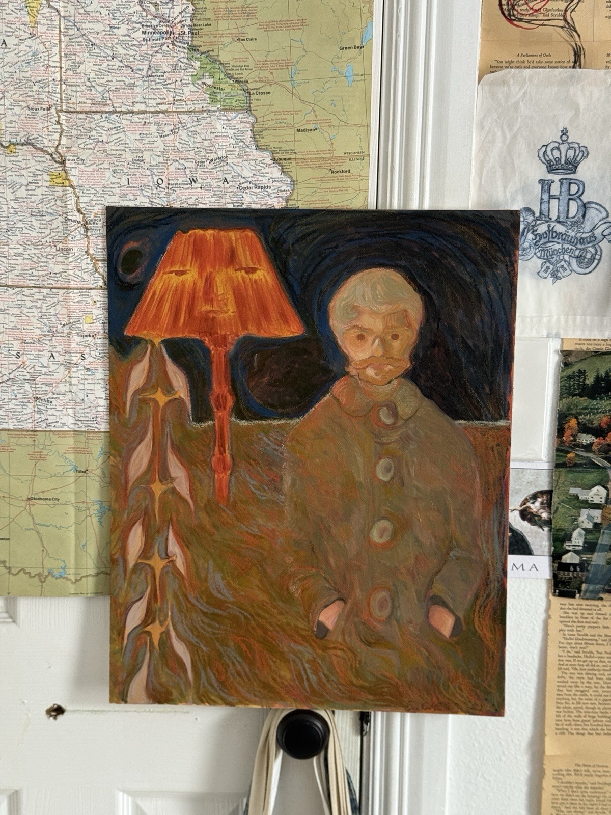 Original “The Lamp Has A Face” Oil Painting on 40×50 cm Canvas Panel, Absurdist