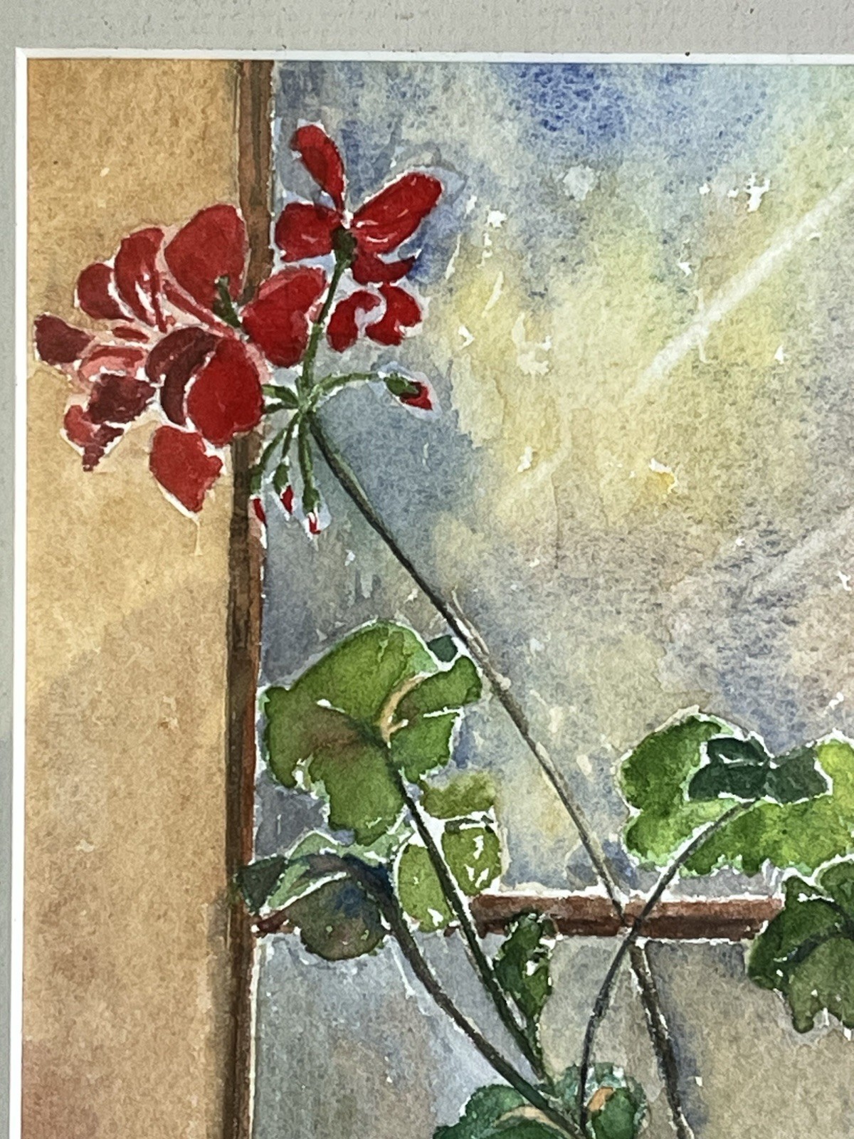 VINTAGE FRAMED MATTED RED GERANIUM WATER COLOR STILL LIFE PAINTING MB MORRISON