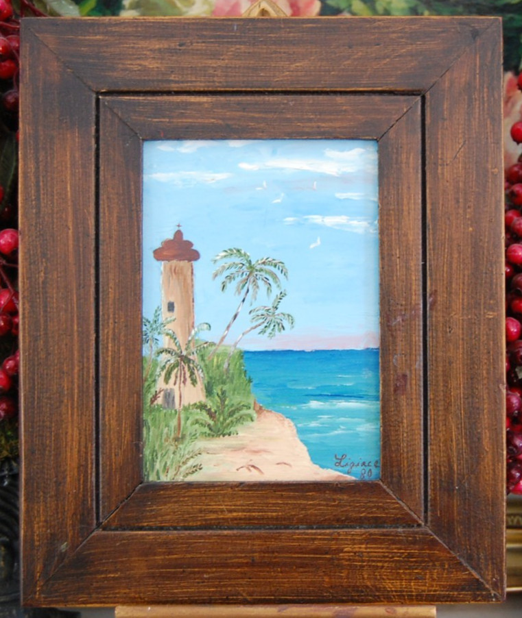 VTG FRAMED ORIGINAL OIL LIGHTHOUSE PALMS TROPICAL COASTLINE SCENE ARTIST LIGIACE