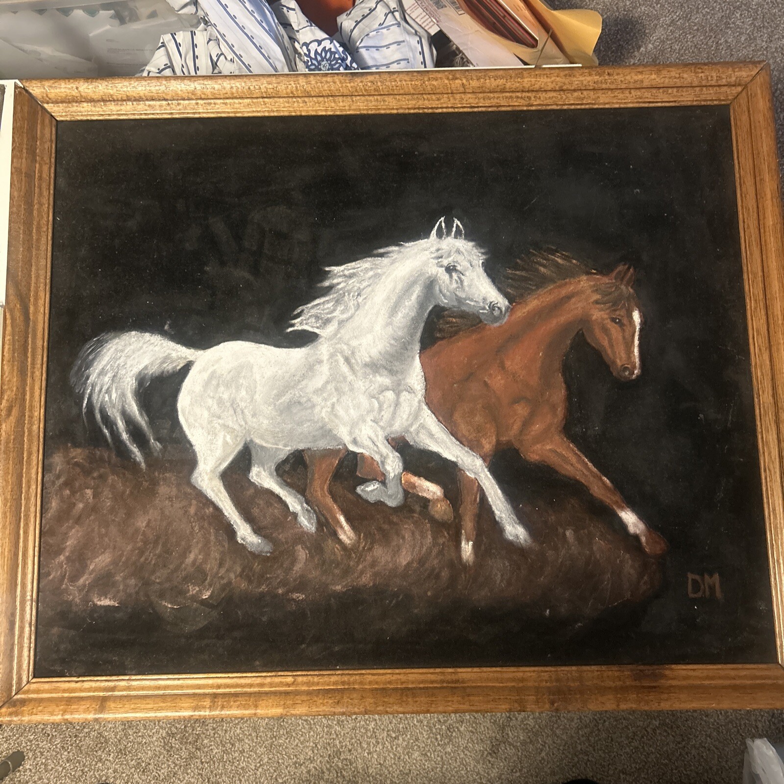 Horse Painting Signed DM 29 1/2”x 23 1/2” 32 1/2 X 26 1/2” With Frame