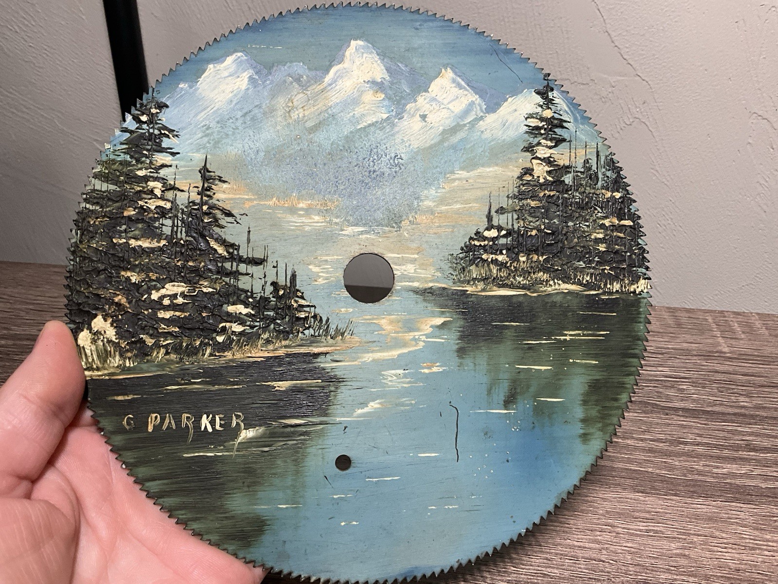 Vintage signed & Dedicated Saw Blade Oil Painting 7” Blade Rustic PNW Scene