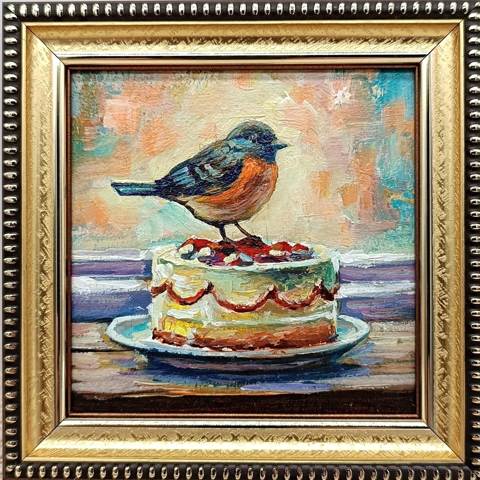 Original oil painting Bird on a Cake Signed work measuring 4×4 inches.